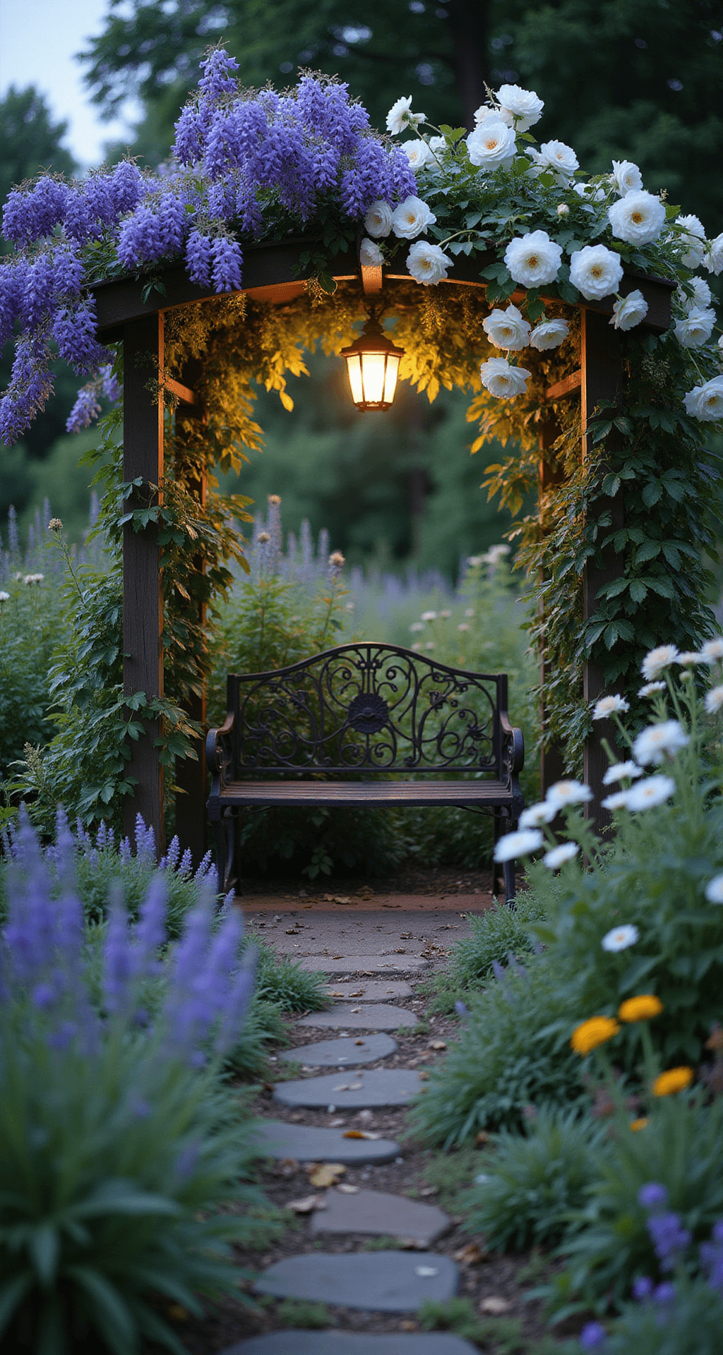 Eye-level twilight shot of a garden nook featuring a vintage iron bench under an arbor draped with white climbing roses and purple wisteria, illuminated by warm solar lanterns. The foreground showcases mixed cottage plantings, including lamb's ear, catmint, and wildflowers, with a soft bokeh effect enhancing the garden's depth. The color palette includes deep purples, silvery greens, and warm whites, complemented by a golden lantern glow.