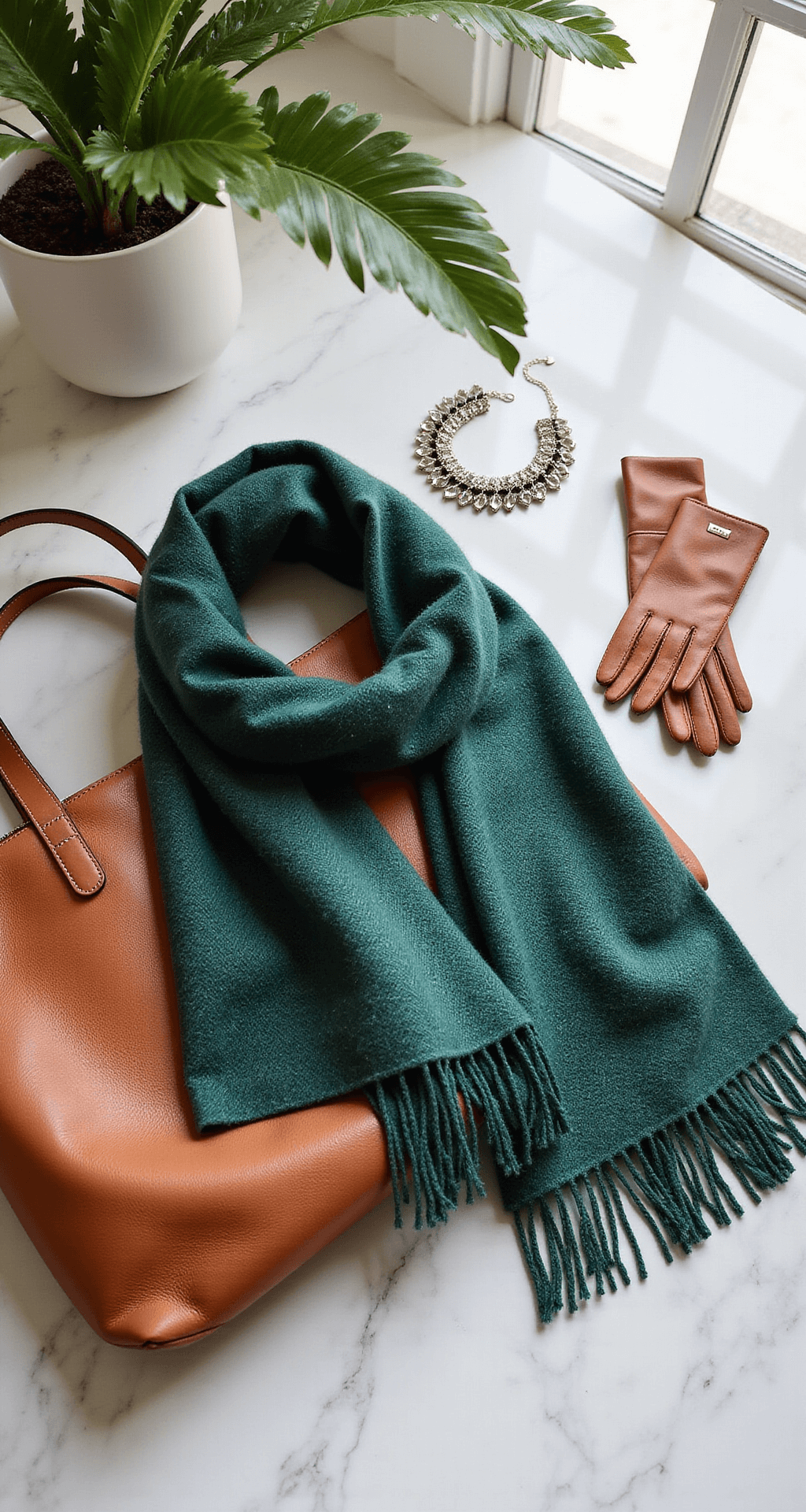 Bright office space featuring a herringbone wool scarf in deep forest green draped over a cognac leather tote bag, accompanied by leather gloves and a metallic statement necklace on a marble surface, with a window view and natural overhead lighting highlighting the textures.