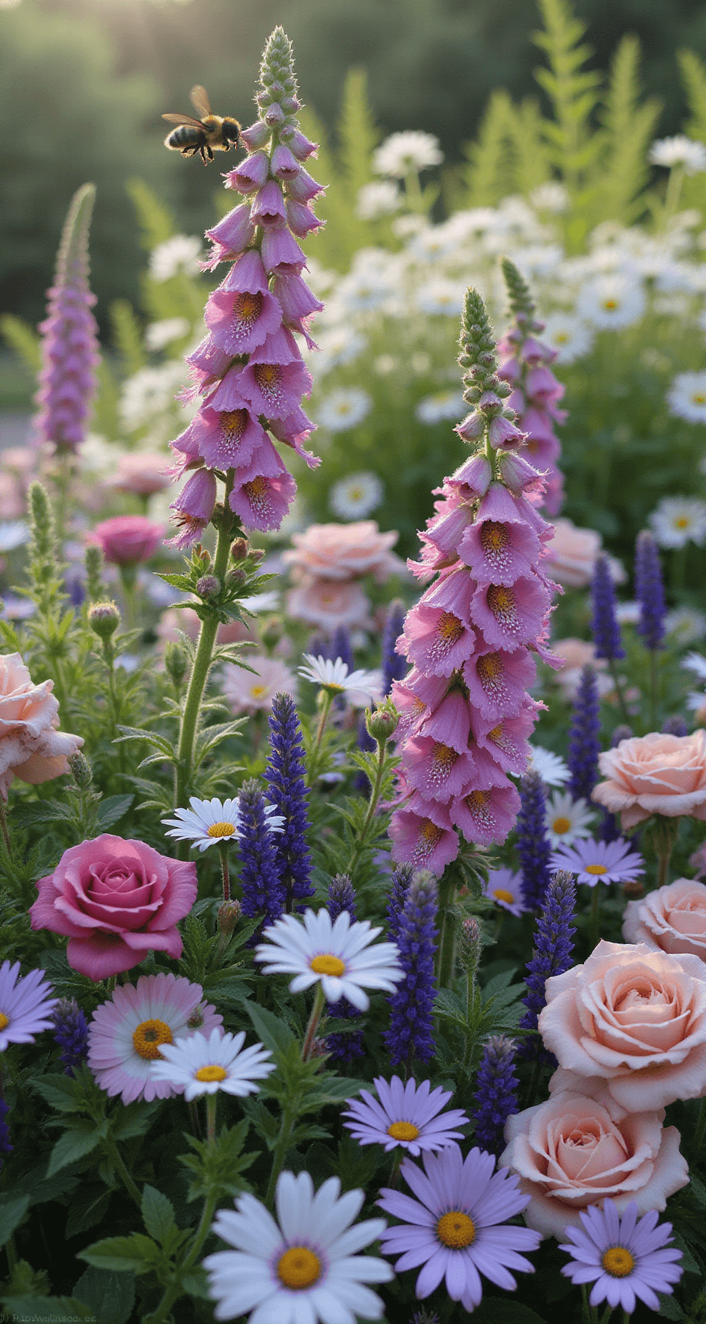 A detailed macro shot of a vibrant cottage garden border in peak bloom, featuring foxgloves, daisies, salvias, and heritage roses bathed in soft morning light and slight mist, with dewdrops glistening. A bumblebee is visible on a lavender spike, showcasing a natural and slightly wild arrangement of intermingling plants in shades of pink, purple, and white against varied green foliage textures.