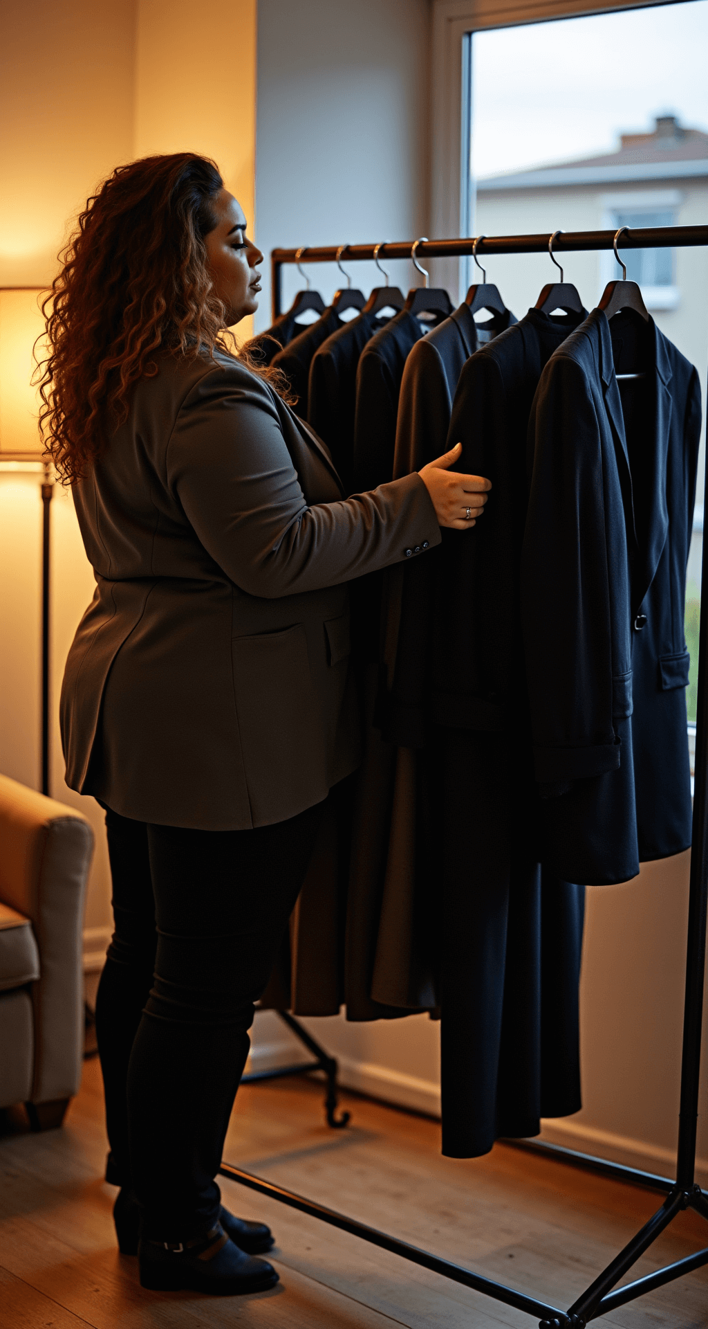A plus-size woman in a contemporary home office at dusk, reviewing her winter capsule wardrobe, surrounded by a rack of structured blazers, wool blend dresses, and tailored trousers, with warm lamp light illuminating the rich textures and colors of the garments.