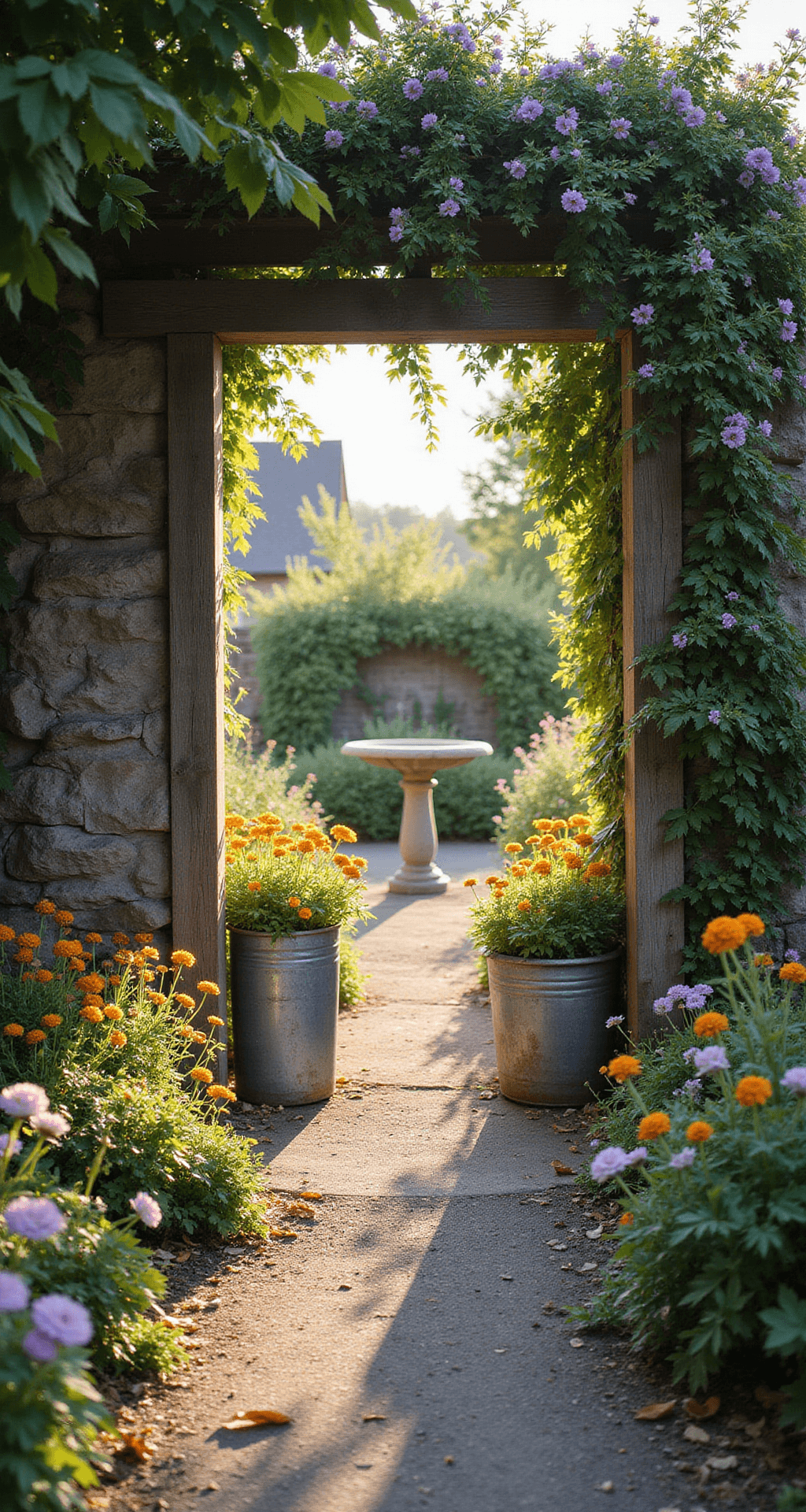 A wide shot of a garden entrance with morning light filtering through a rustic wooden arch, leading to a path lined with vibrant cottage flowers. Vintage zinc planters overflowing with trailing nasturtiums frame the entrance, while a bird bath serves as a focal point in the middle ground. The color palette features warm woods, zinc patina, and bright blooms softened by the gentle morning light.