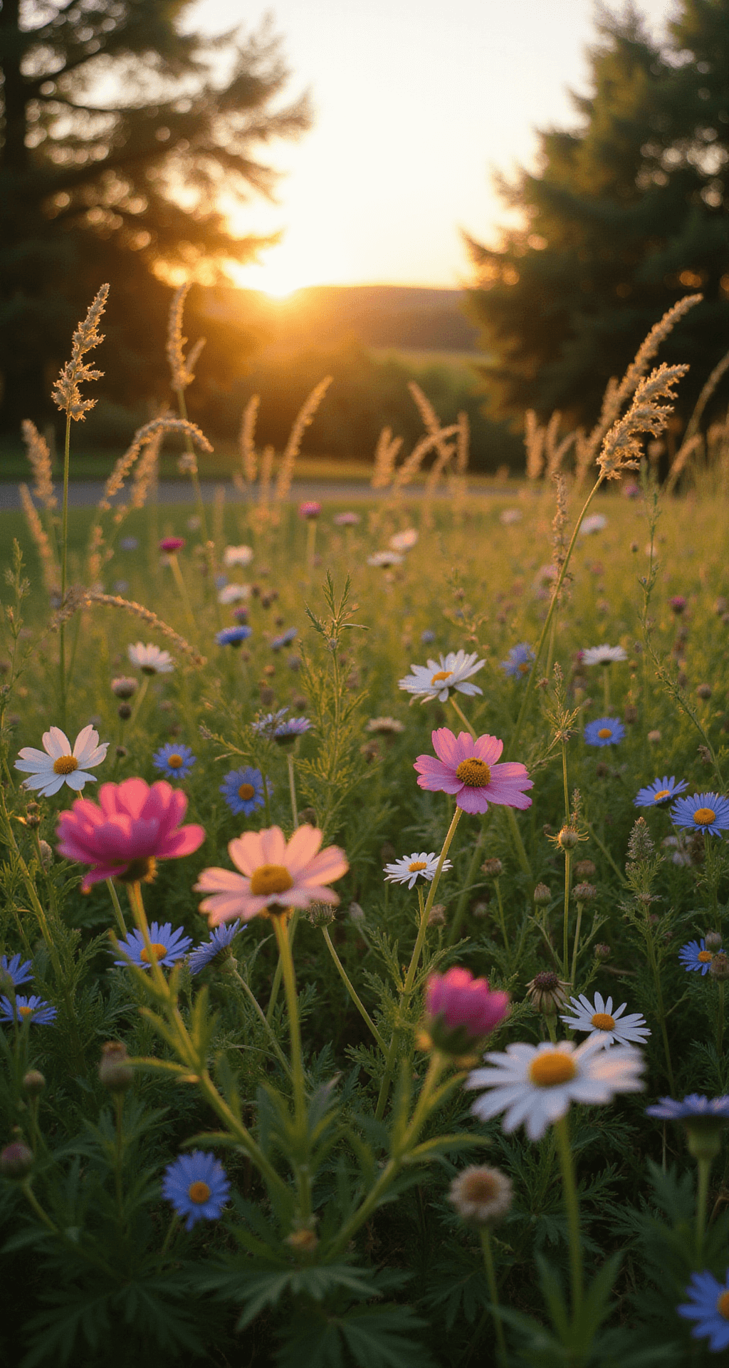 Low-angle shot of a wildflower meadow in a cottage garden during golden hour, featuring backlit cosmos, cornflowers, and Queen Anne's lace with silhouetted seed heads and grasses, all illuminated by warm evening light for a dreamy atmosphere.
