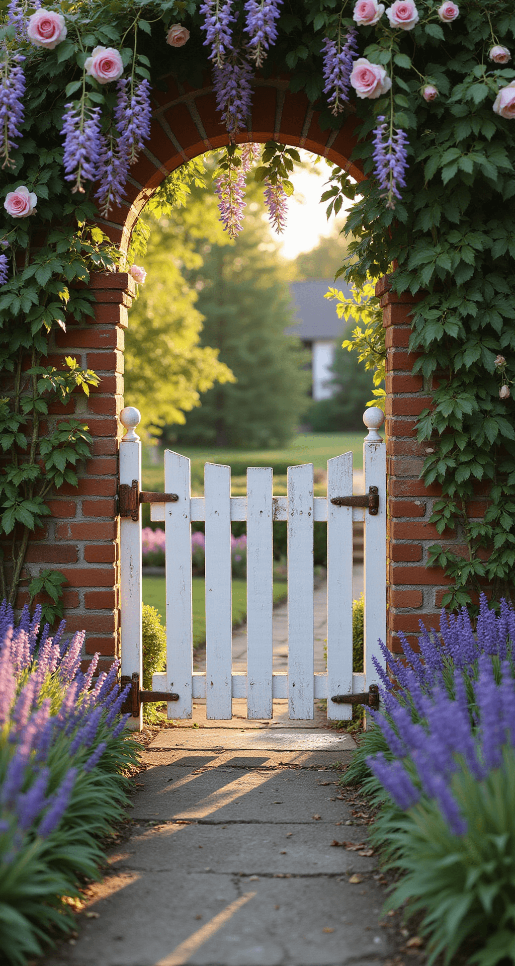Wide-angle view of an 8-foot-tall arched white picket gate in a brick archway, adorned with climbing pink David Austin roses and purple wisteria, captured at golden hour. Weathered copper hardware glimmers in the evening sunlight, with a stone pathway leading to a cottage garden filled with lavender borders and perennials. Soft bokeh effect enhances the dreamy atmosphere, with natural backlighting creating an ethereal glow around the flowers.