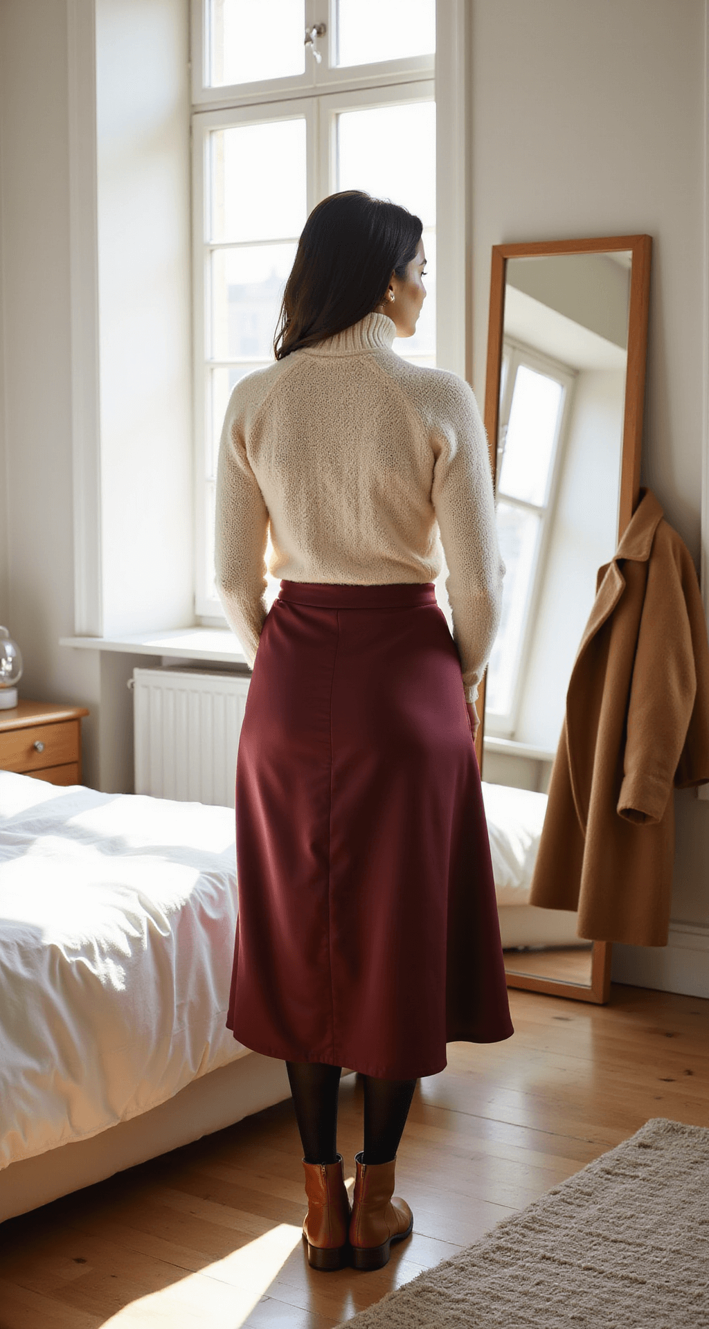 A plus-size model stands in a sunlit minimalist bedroom, wearing a burgundy satin midi skirt and a cream cable-knit turtleneck sweater, with black fleece-lined tights and cognac leather ankle boots. A camel wool coat is arranged on plush white bedding, with morning light highlighting the textures.