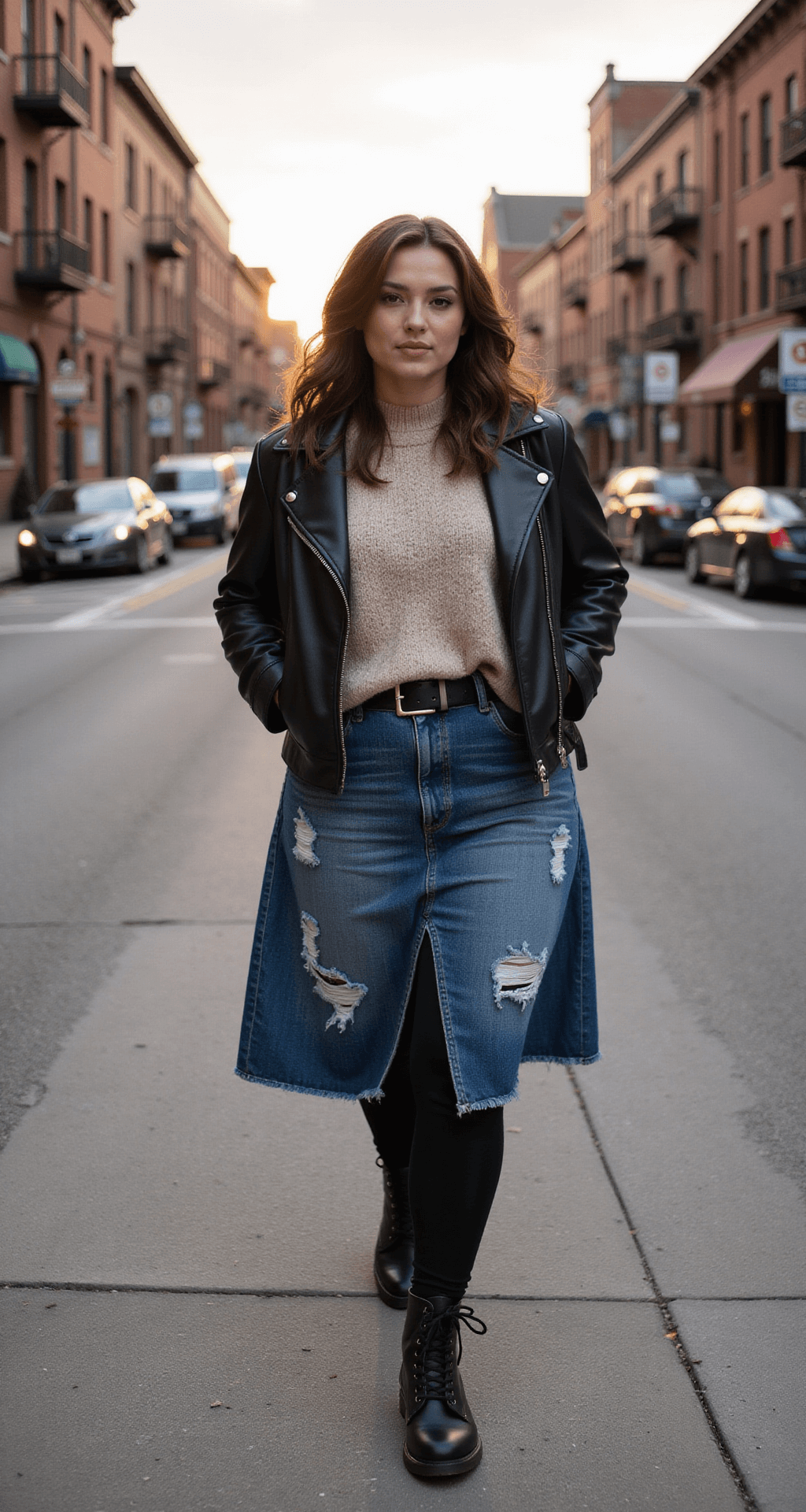 A plus-size model confidently strides mid-step on an urban street corner during golden hour, featuring historic brick buildings in the background. She wears a distressed denim midi skirt layered over thick black leggings, an oversized oatmeal sweater with a mohair texture, worn-in black Dr. Martens boots, and a classic black leather moto jacket. Her hair is slightly tousled by a gentle breeze, and the photo is taken at street level with a 35mm lens, capturing the movement and city atmosphere.