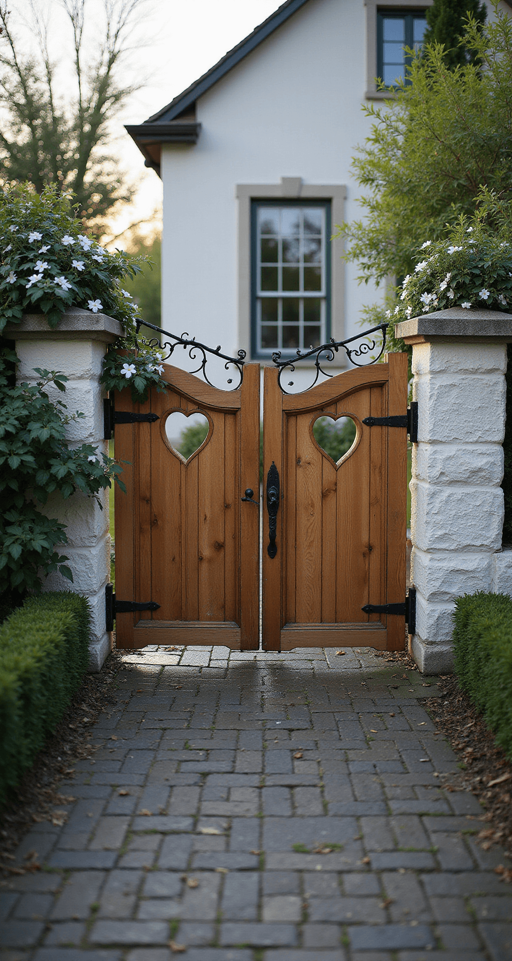 Low-angle morning photo of a rustic cedar double gate with heart-shaped cutouts, surrounded by whitewashed stone pillars and climbing white clematis, with a dewy cobblestone path leading to it in soft morning light and mist.