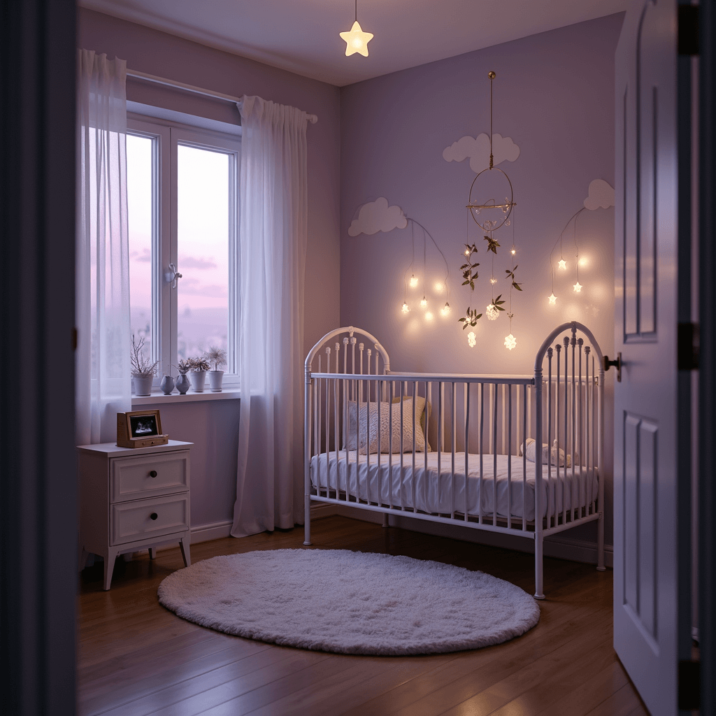 A serene nursery at twilight, featuring a white iron crib with a DIY forest-themed mobile, soft gauzy curtains, a plush geometric rug, and a wooden music box on a dresser, all bathed in a warm glow from a star-shaped night light.