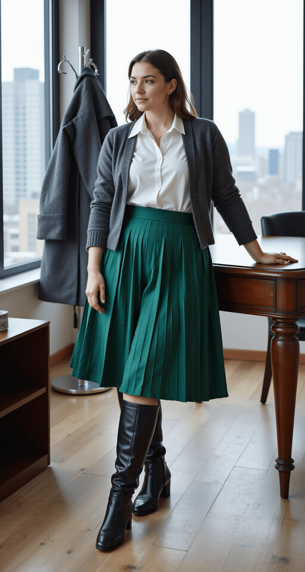 A plus-size model sits at an elegant desk in a modern office with floor-to-ceiling windows showcasing a city skyline, dressed in an emerald pleated midi skirt, white button-down shirt, and charcoal fitted cardigan, with black knee-high leather boots visible. A structured long charcoal wool coat hangs on a coat rack, illuminated by natural diffused light, captured with a 50mm lens.