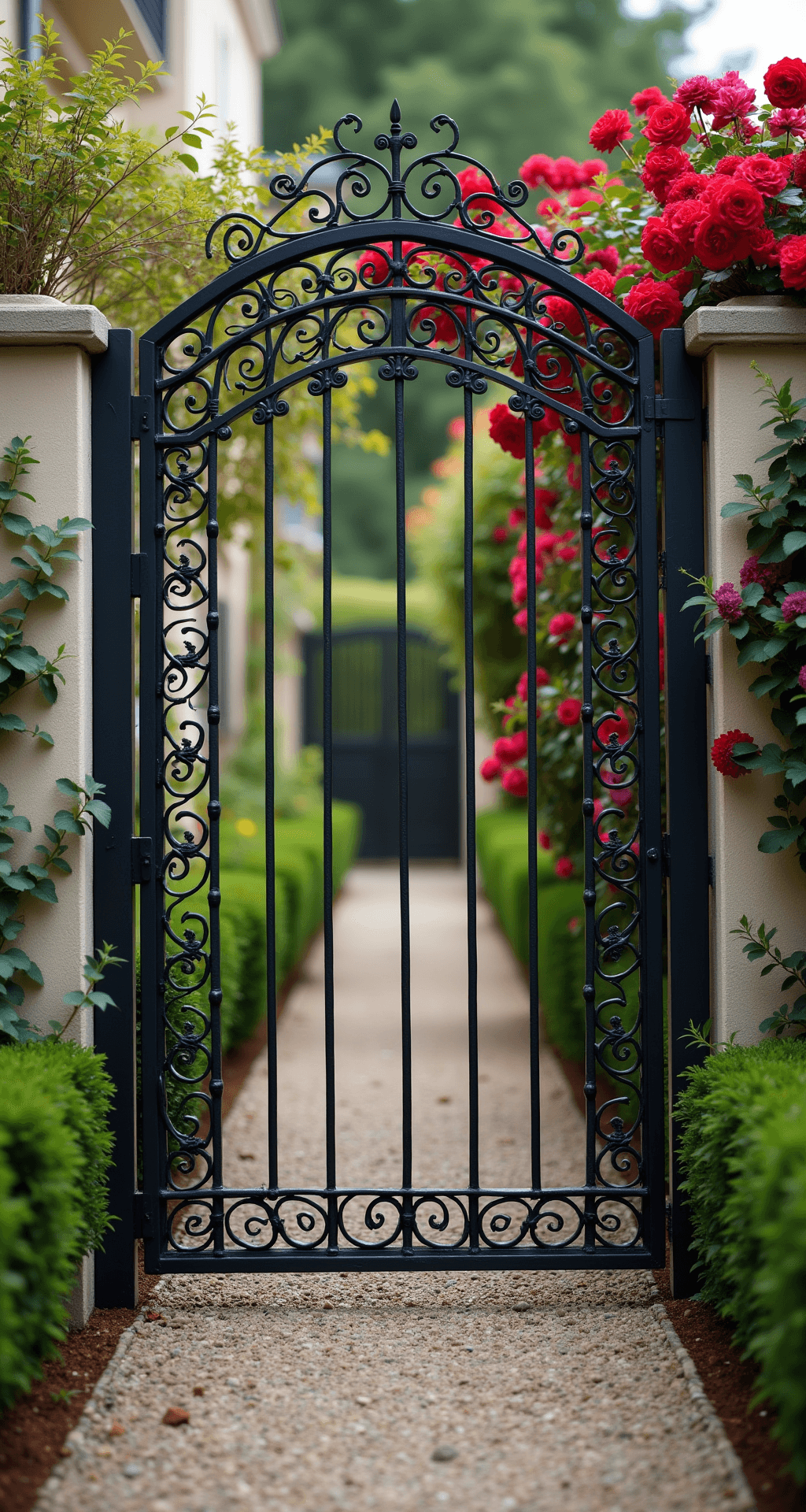 Eye-level view of a vintage wrought iron gate with intricate scrollwork, standing 7 feet tall against cream stucco walls. The black metal contrasts with red climbing roses and deep purple clematis entwined in the design. A gravel path lined with established boxwood borders leads to the entrance, illuminated by dramatic side lighting that enhances the details of the gate, while the background features a softly blurred garden.
