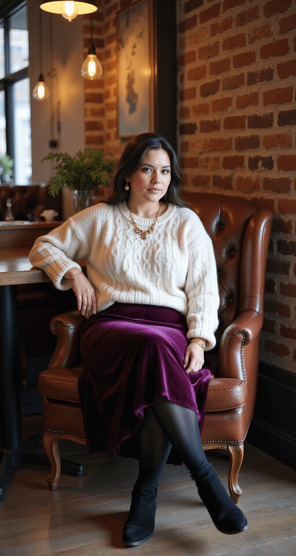 Cozy coffee shop corner featuring exposed brick walls and vintage furniture, a plus-size model in a deep purple velvet midi skirt and ivory cable knit sweater relaxes on a leather armchair, complemented by black thermal tights, suede ankle boots, and delicate gold jewelry, all under warm ambient lighting from pendant lamps.
