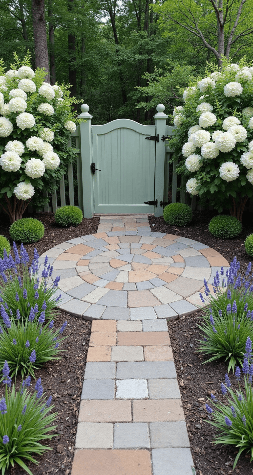 Overhead drone shot of a garden entrance featuring a sage green scalloped wooden gate, surrounded by a flagstone circular area bordered with English lavender and framed by white flowering dogwood trees, captured in bright midday light.