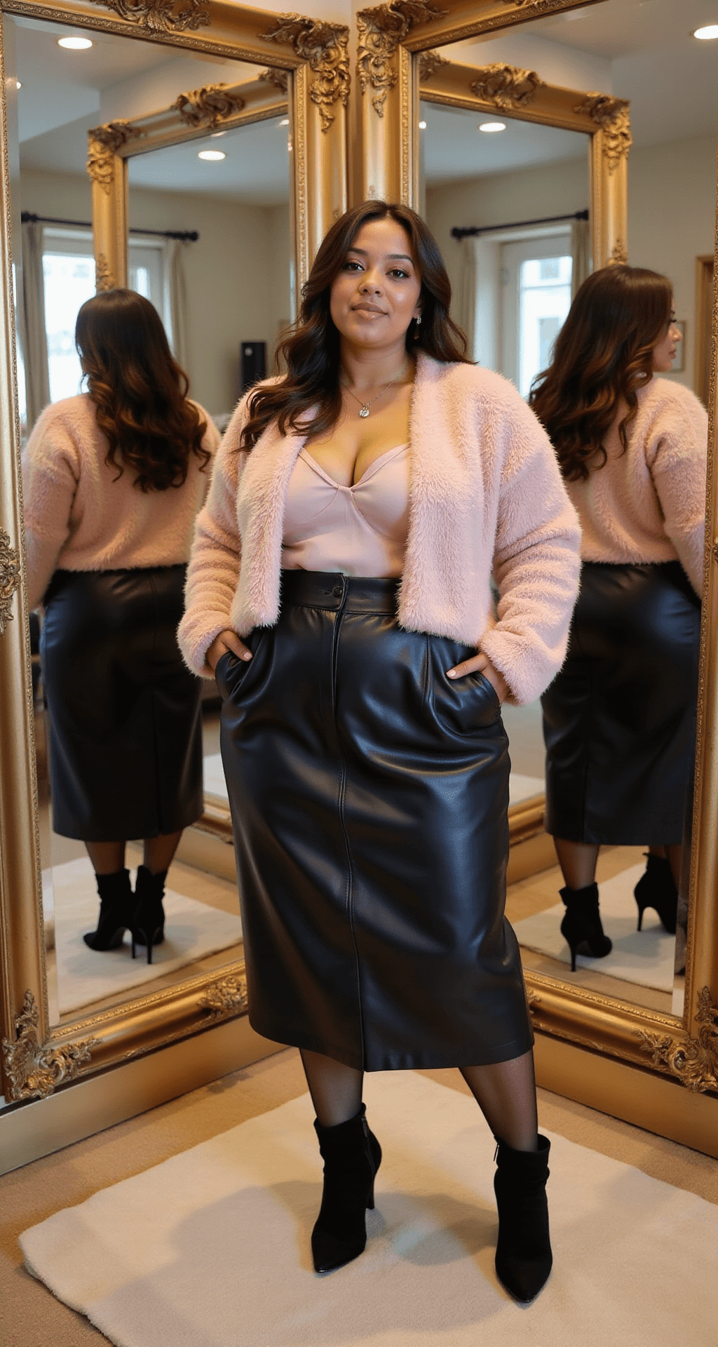 A plus-size model in a stylish upscale boutique dressing room, trying on a high-waisted black leather midi skirt paired with a soft pink fuzzy cardigan and silk camisole. She accessorizes with sheer black tights and pointed-toe ankle boots. The warm lighting and gilded mirrors reflect multiple angles, highlighting the texture contrasts of her outfit.