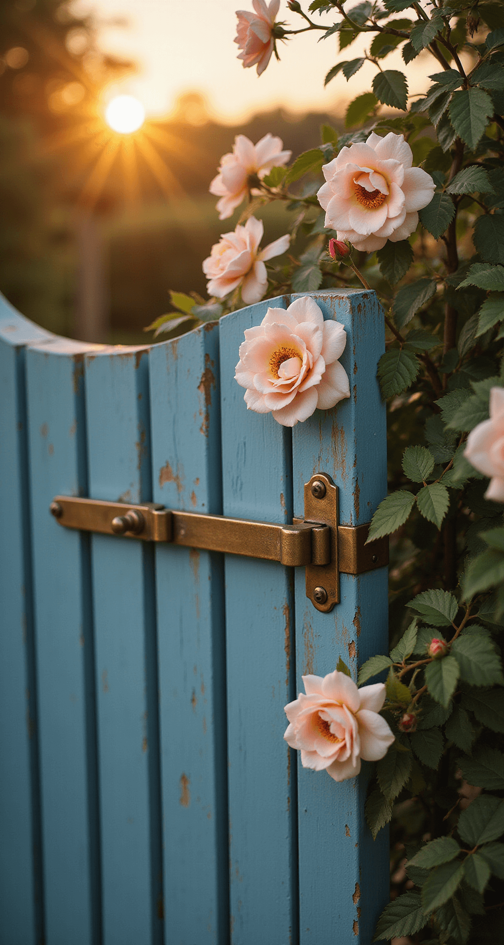 Close-up of antique brass latch and hinges on weathered blue-painted wood, adorned with pale pink 'New Dawn' roses at sunset; warm golden light highlights hardware details against a soft focus of flowers.