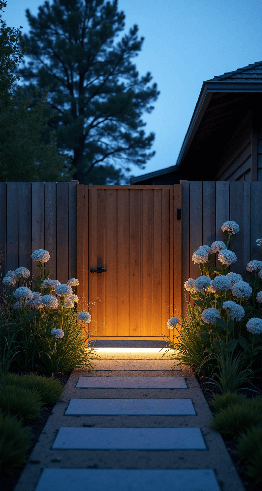 Ground-level view of a minimalist cedar cottage gate with integrated LED lighting at twilight, surrounded by white hydrangeas and native grasses, all bathed in cool blue hour light.