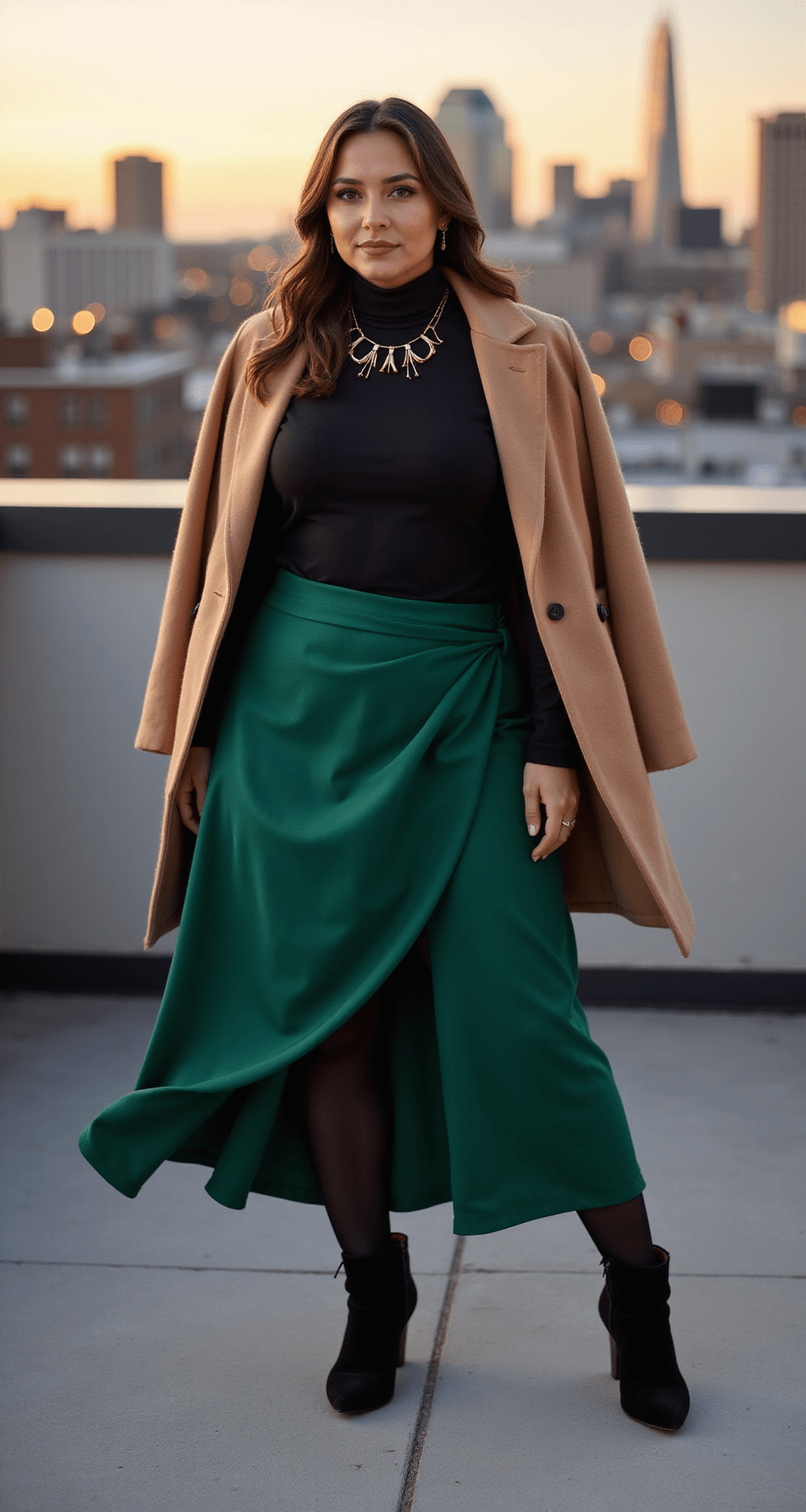 Contemporary rooftop terrace at sunset featuring a plus-size model in an emerald wrap skirt, fitted black turtleneck, and statement gold necklace, wearing black fleece-lined tights and heeled ankle boots, with a camel coat draped over her shoulders, framed by a glowing cityscape backdrop.