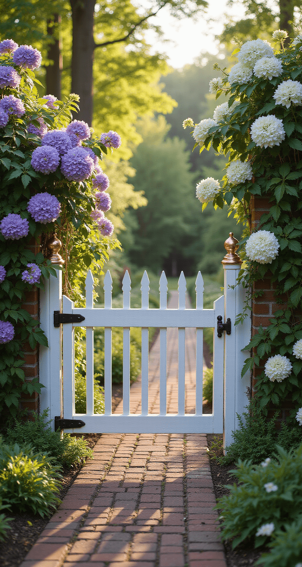 A classic four-foot white wooden picket gate with copper cap details is illuminated by backlit morning sunlight, framed by purple clematis and white climbing hydrangea. A brick pathway with established herb borders leads up to the gate, featuring a medium depth of field that highlights both the gate and surrounding garden details.