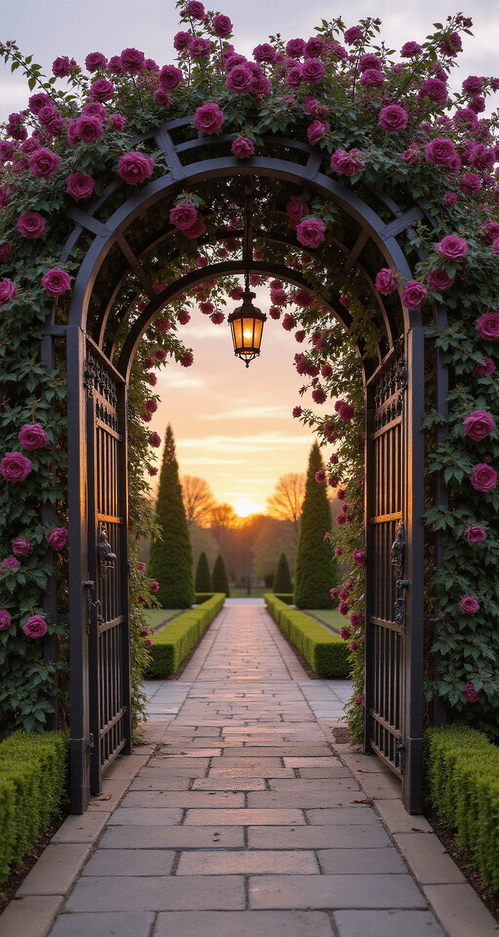 A grand garden entrance with a 12-foot metal arch trellis draped in burgundy roses and purple clematis, viewed from a low angle at sunset, featuring a stone pathway, manicured hedges, and vintage copper lanterns.