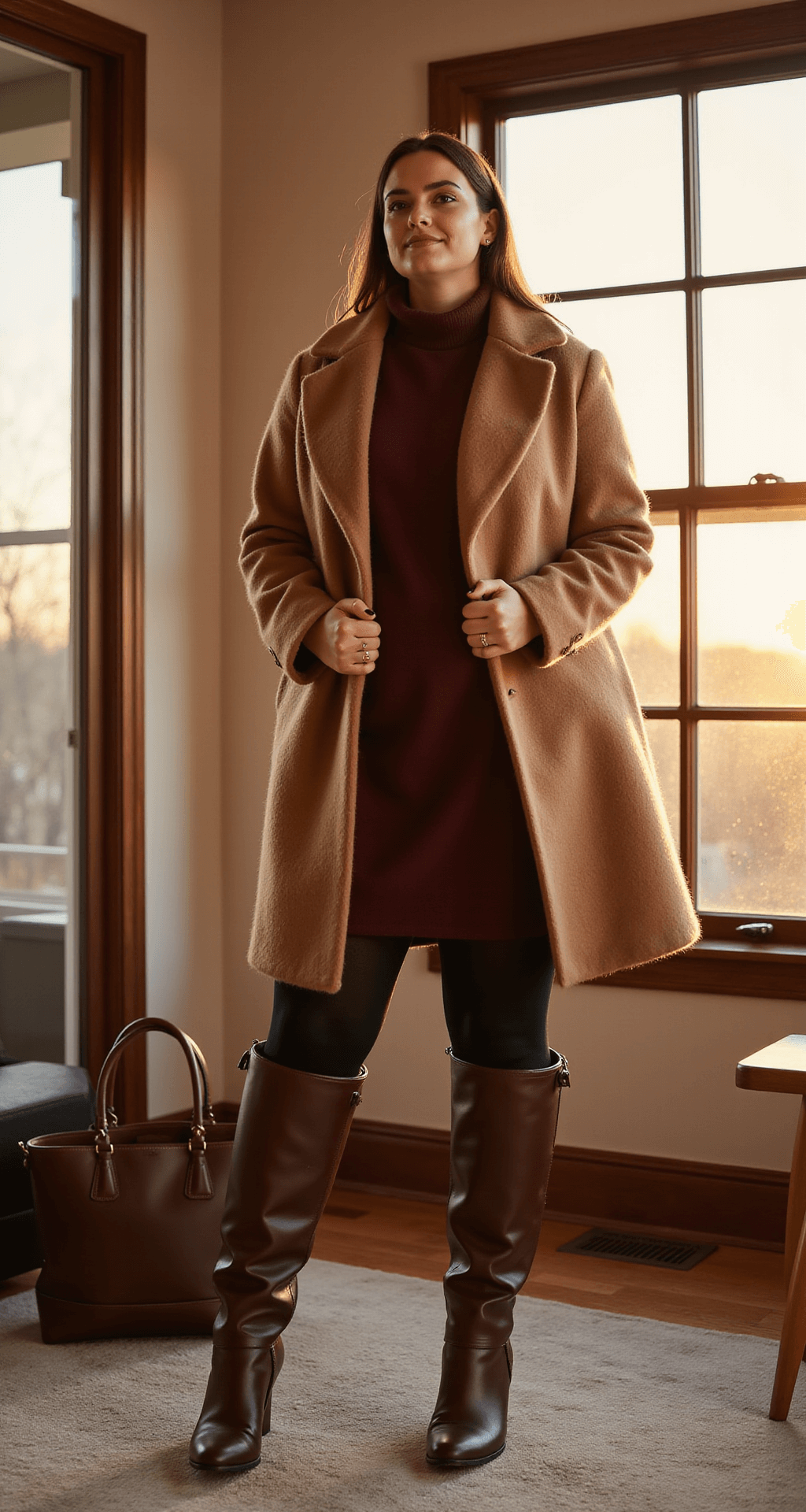 A plus-size model in a camel wool peacoat over a burgundy turtleneck sweater dress adjusts her wide-calf brown leather boots in a sunlit living room corner, showcasing elegant winter layering with warm textures.