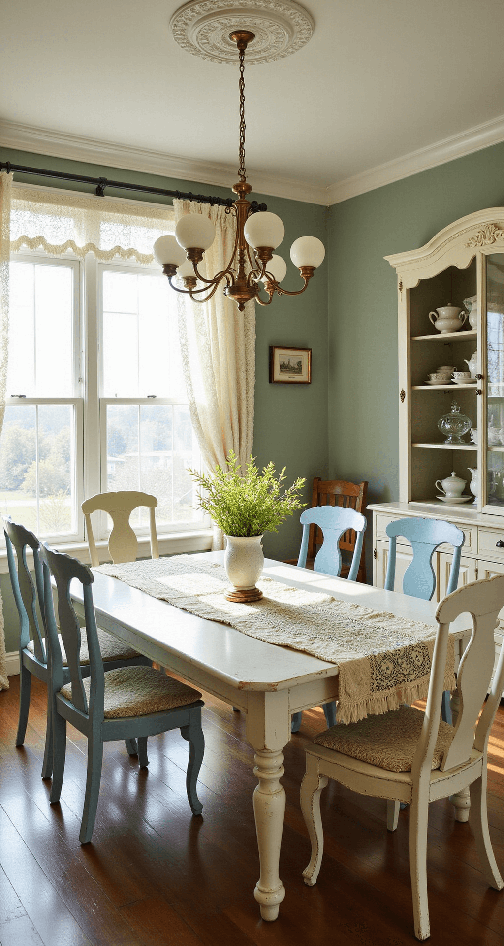 A sunlit dining room featuring a distressed white farmhouse table surrounded by mismatched vintage chairs, soft light filtering through lace curtains onto sage green walls, and a large brass chandelier, all captured from a low corner angle.