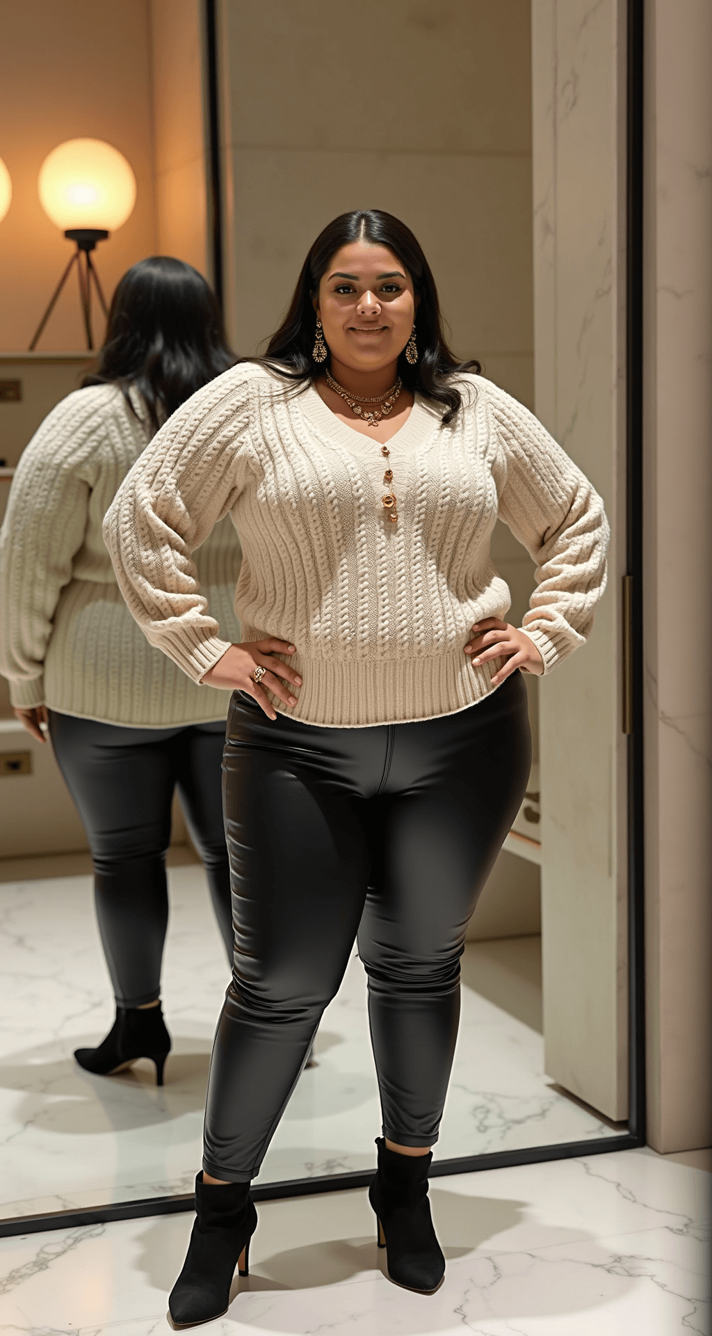 A plus-size model in a modern minimalist boutique dressing room, wearing faux-leather leggings and a chunky cream cable-knit sweater. The setting features soft ambient lighting, marble flooring, and brass fixtures. The model's layered gold necklaces and statement earrings are visible in the mirror reflection, along with stylish black suede ankle boots with gold hardware.