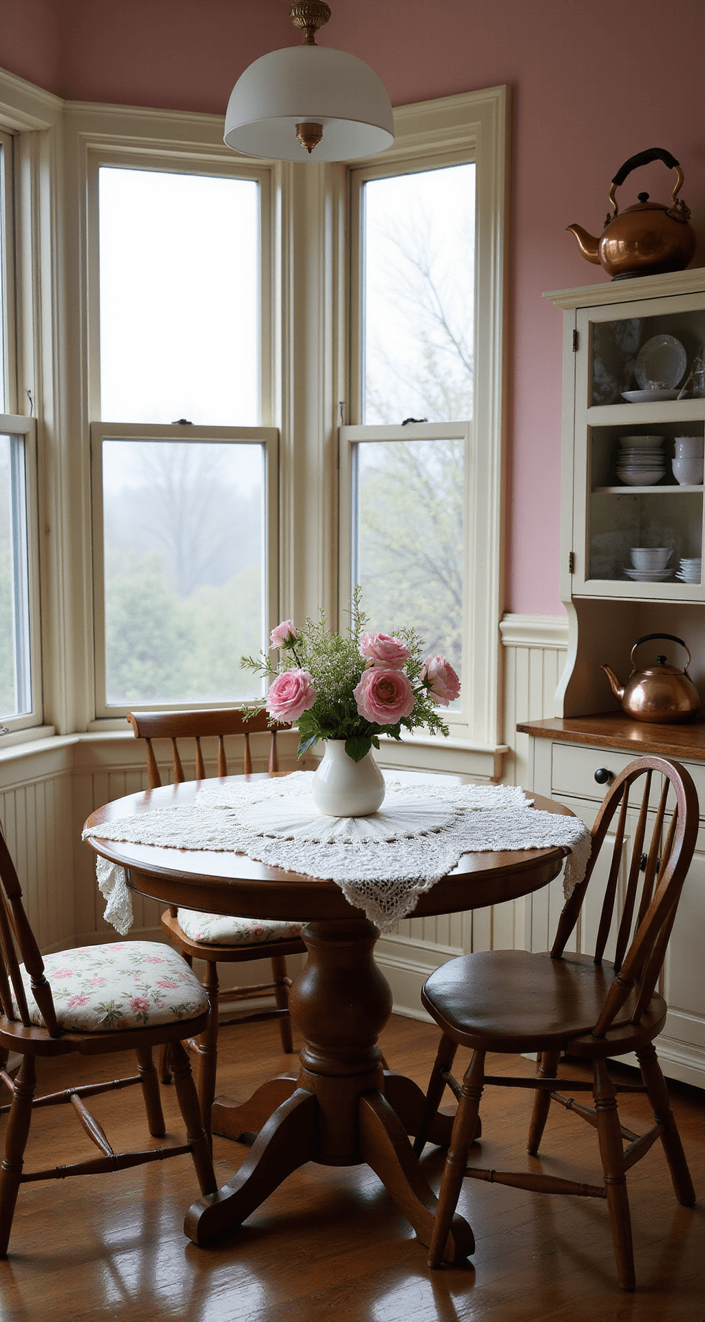 Intimate breakfast nook with bay windows, featuring a round oak table draped in a vintage lace tablecloth and fresh flowers in milk glass vases, blush pink walls, cream wainscoting, mismatched wooden chairs with floral cushions, and a copper kettle on a hutch, all bathed in soft morning light and dreamy fog.