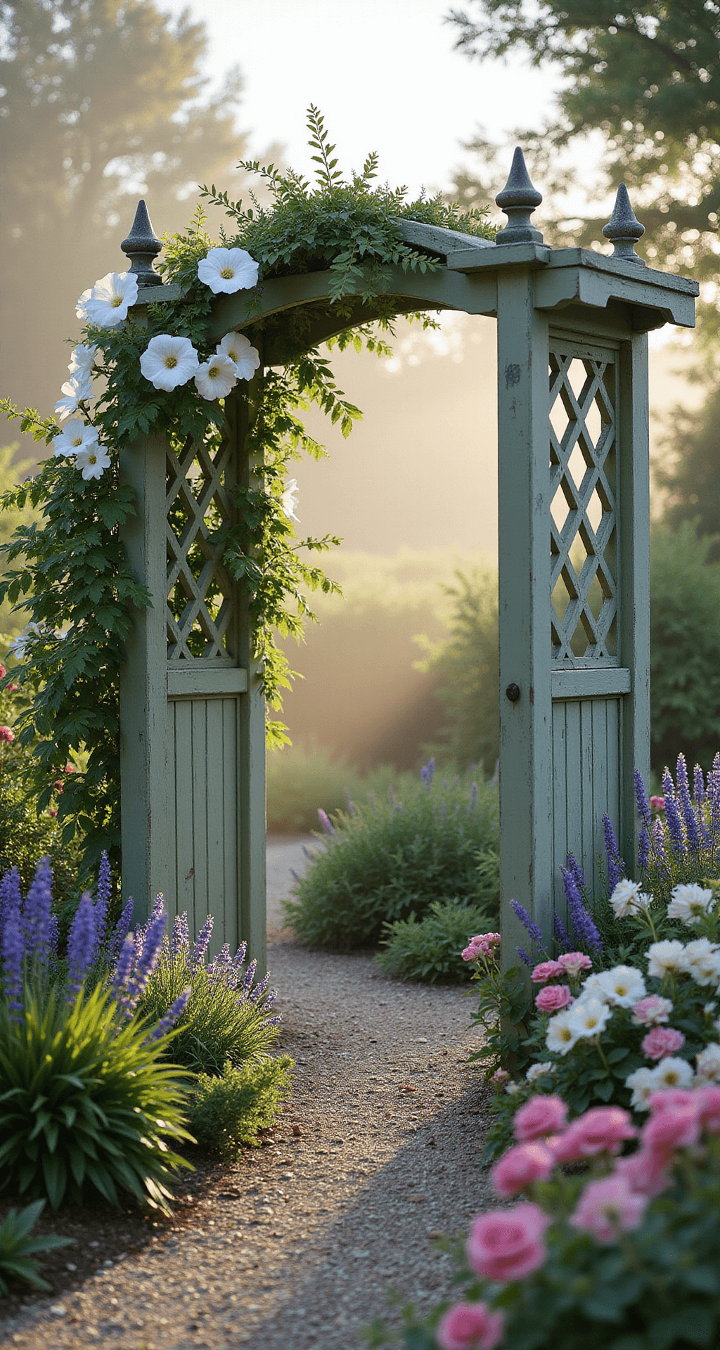 Rustic cottage garden featuring a weathered cedar arch trellis in soft sage green, adorned with white morning glories and pink climbing roses, set in early morning light with lingering mist, gravel path bordered by lavender and catmint.