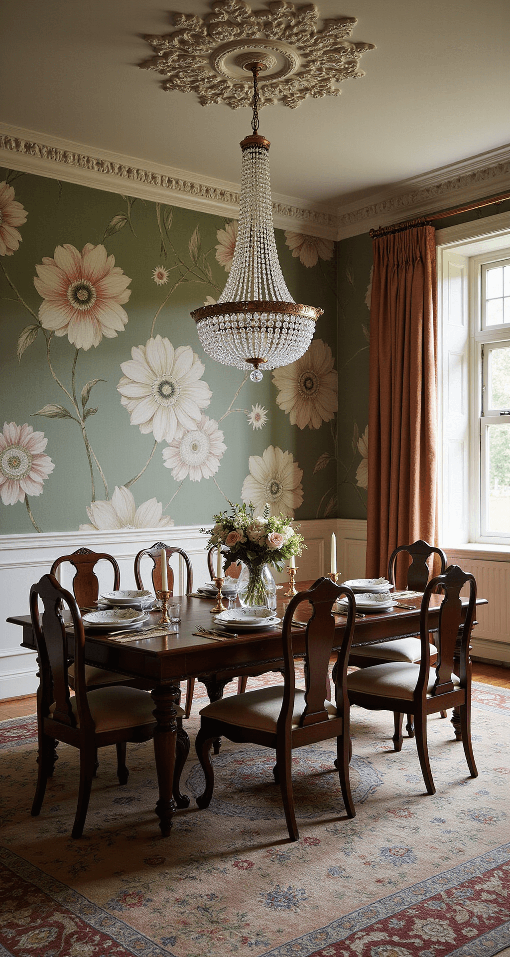 Wide-angle view of a formal dining room featuring a vintage botanical accent wall, a mahogany dining set with layered linens, brass candlesticks, and a crystal chandelier, all illuminated at dusk, highlighting the Persian rug and texture of grasscloth wallpaper.
