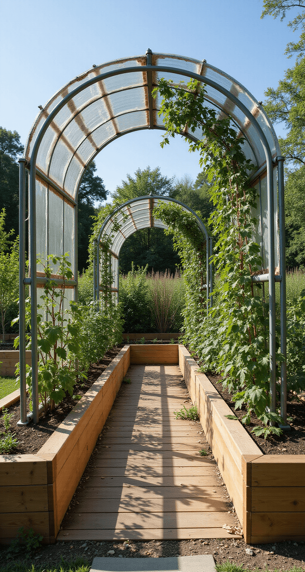 A wide-angle view of a modern vegetable garden with a 7-foot industrial cattle panel arch between raised cedar beds, showcasing abundant cherry tomatoes and pole beans. The galvanized metal panels contrast with lush greens, while sharp shadows create geometric patterns under the midday sun, highlighting the garden's harvest potential and DIY ingenuity.