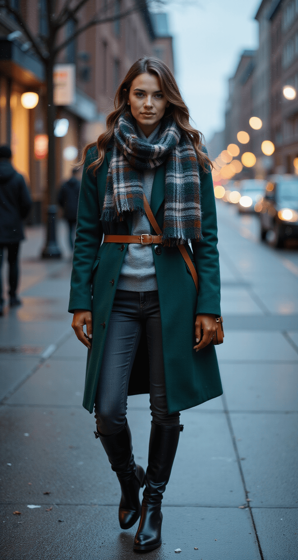 Urban street scene during blue hour with light snowfall. A model in a forest green wool coat, gray cashmere sweater, dark wash straight-leg jeans, and charcoal knee-high boots. She wears an oversized plaid scarf, statement leather gloves, and a cognac leather crossbody bag. The shot captures city lights in bokeh from street level.