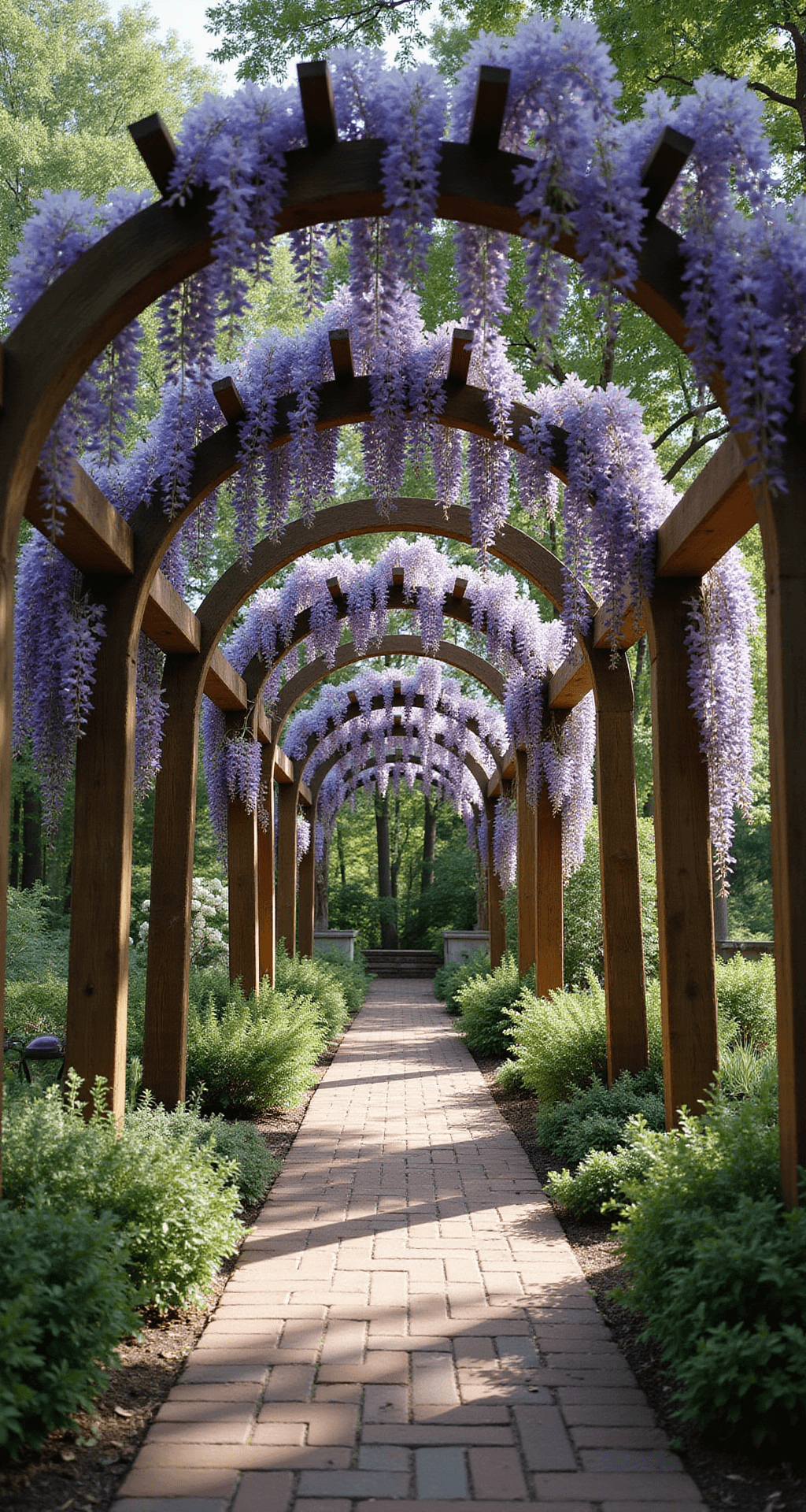 Intimate garden room with three wooden arch trellises, draped in purple wisteria and white jasmine, leading down a brick pathway; dappled sunlight illuminates the scene, creating a magical atmosphere.