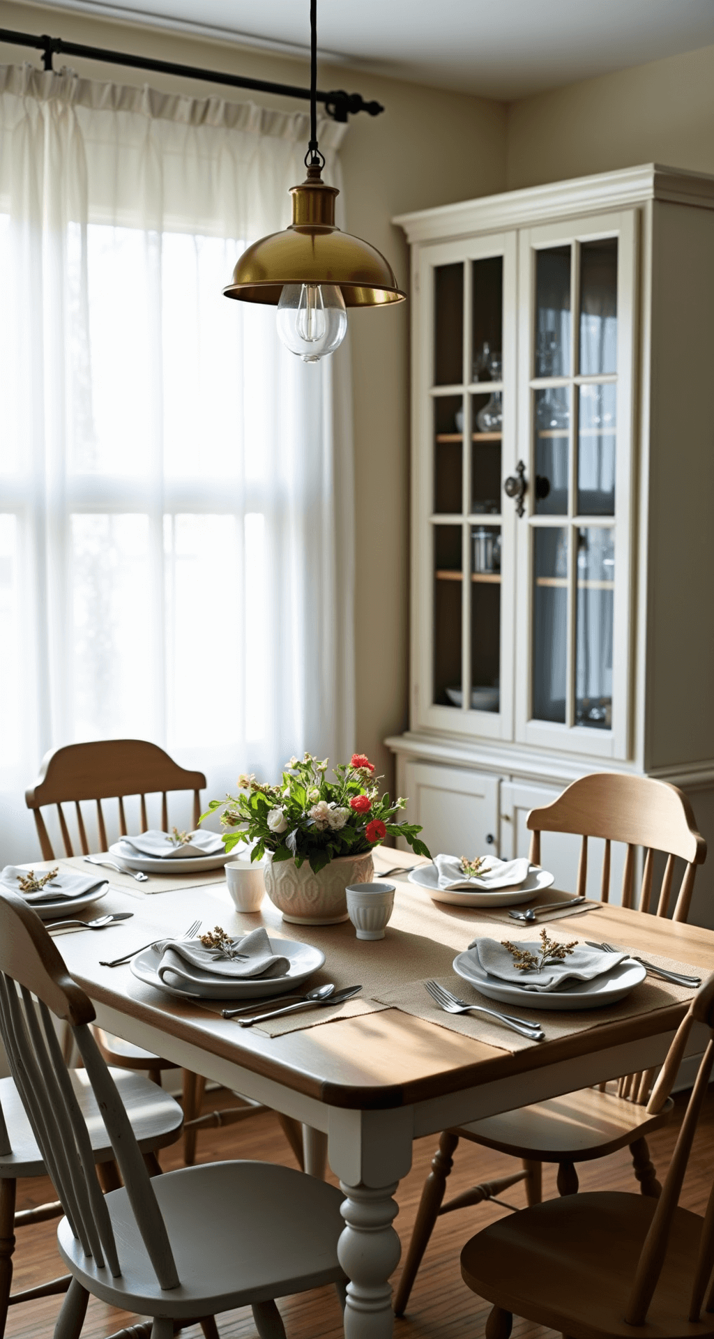A cozy 15x15ft dining space featuring vintage spindle-back chairs around a refinished oak table, with a weathered white china cabinet displaying depression glass. The scene is illuminated by afternoon light, highlighting hand-embroidered napkins and mix-matched china while a modern brass pendant light contrasts traditional elements. Soft backlighting from sheer curtains adds an ethereal glow.