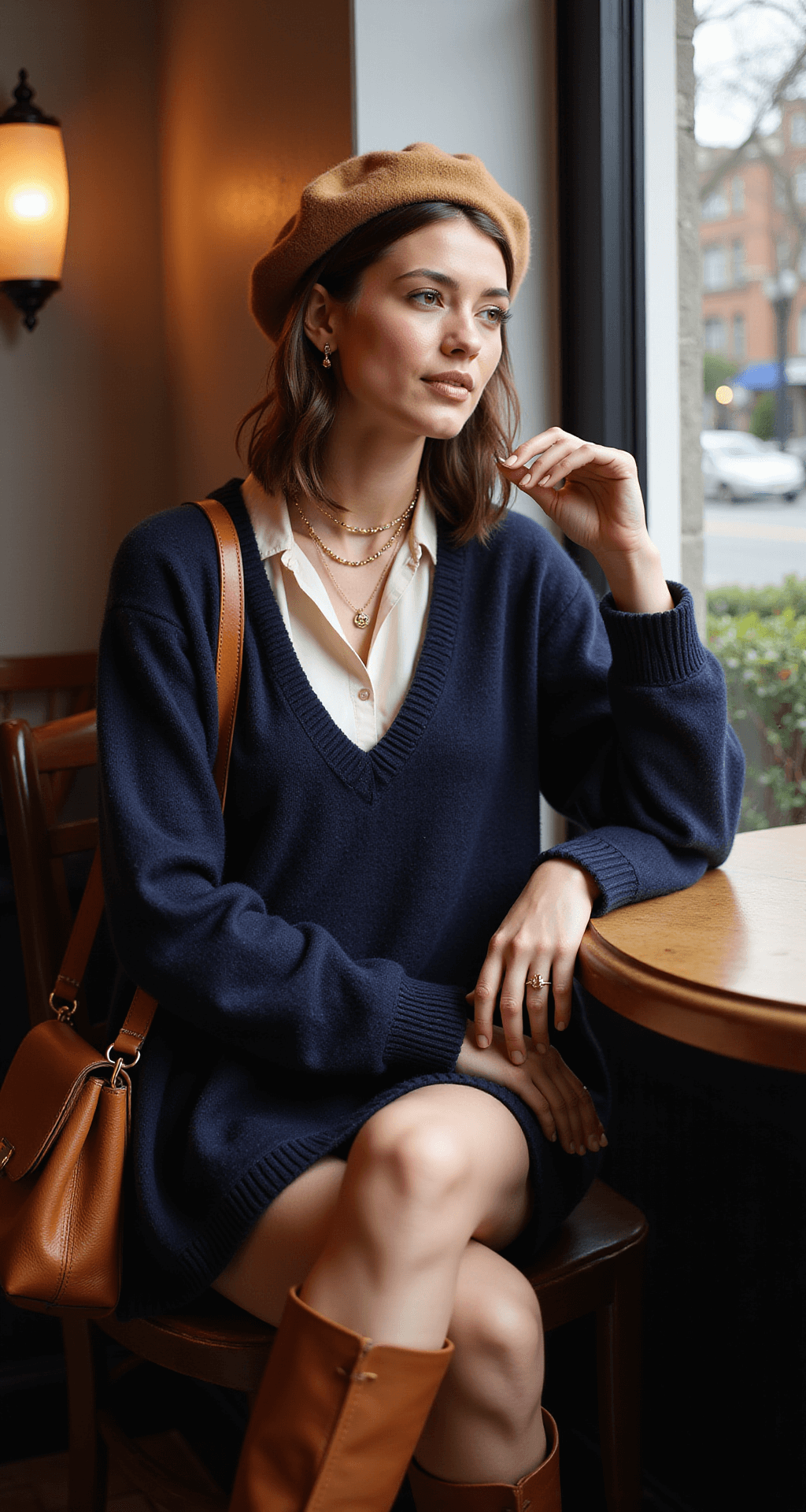 A cozy café scene featuring a model in a navy wool sweater dress over a cream silk blouse, paired with cognac knee-high boots. She wears gold-toned accessories, including layered necklaces and hoop earrings, and a camel beret. A matching leather shoulder bag rests nearby as she enjoys a warm coffee amidst a mix of soft interior lighting and late afternoon sun. The shot is taken from a seated position with a 50mm lens, capturing an intimate moment.