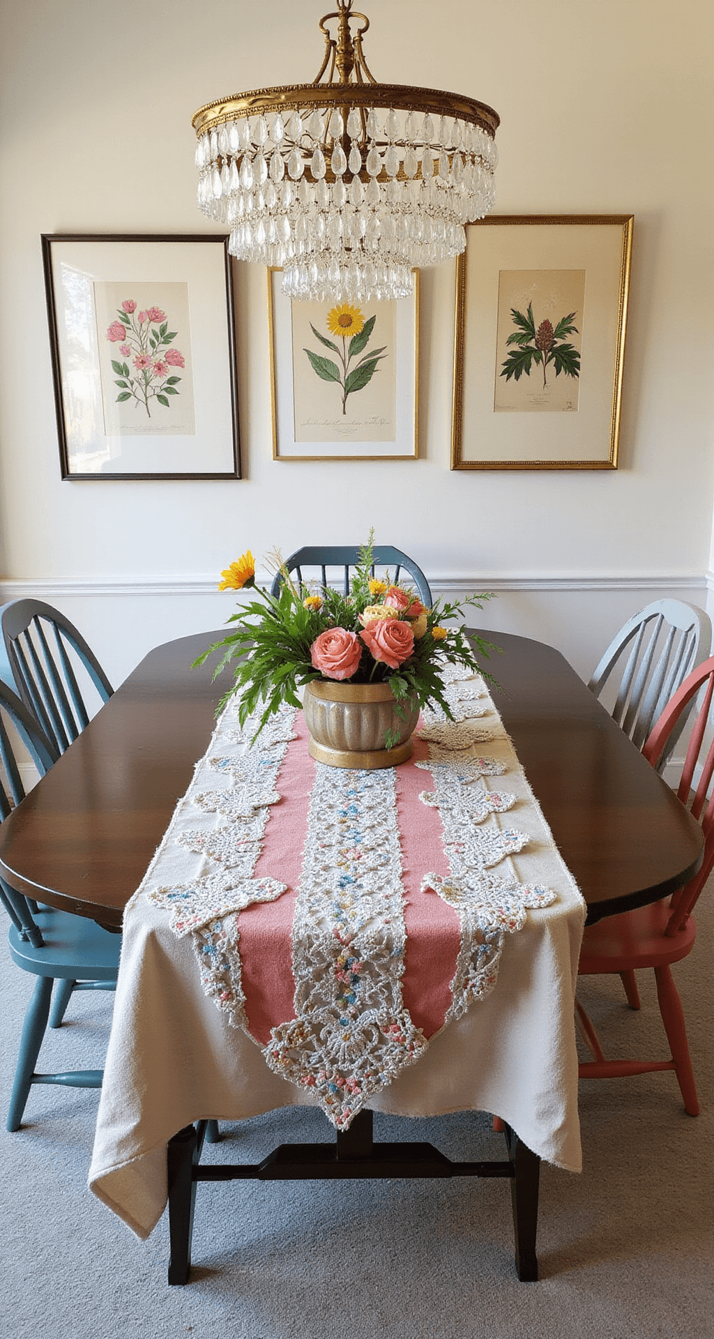 Overhead view of a 13x18ft dining room showcasing a floral runner over a striped tablecloth, adorned with crocheted doilies; pastel-painted Windsor chairs surround a dark wood table, complemented by modern abstract art in gold frames and traditional botanical prints, while a vintage chandelier casts rainbow reflections on cream walls.