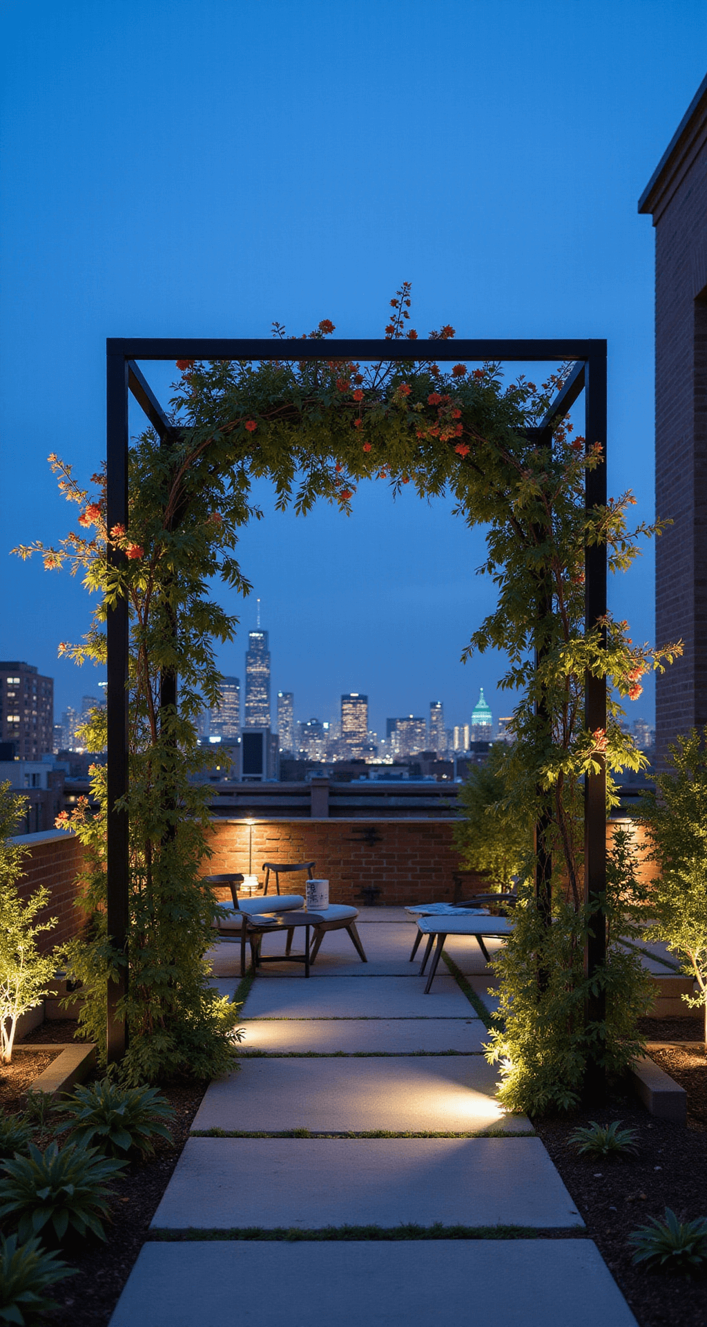 Contemporary urban rooftop garden at twilight with a minimalist black metal arch trellis framing the city skyline, illuminated by uplighting that highlights sculptural nasturtiums and passion flower vines, set on concrete pavers with modern furnishings, all in cool blue hour lighting with long exposure capturing city lights.