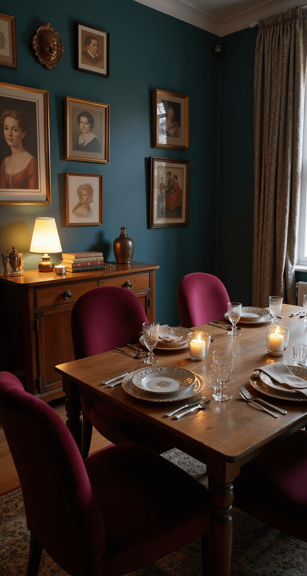 Intimate dining space featuring a table set with mercury glass votives and silver candlesticks, against deep teal walls showcasing a gallery of vintage portraits and modern art, illuminated by warm lamplight, with velvet burgundy chairs adding a touch of luxury.