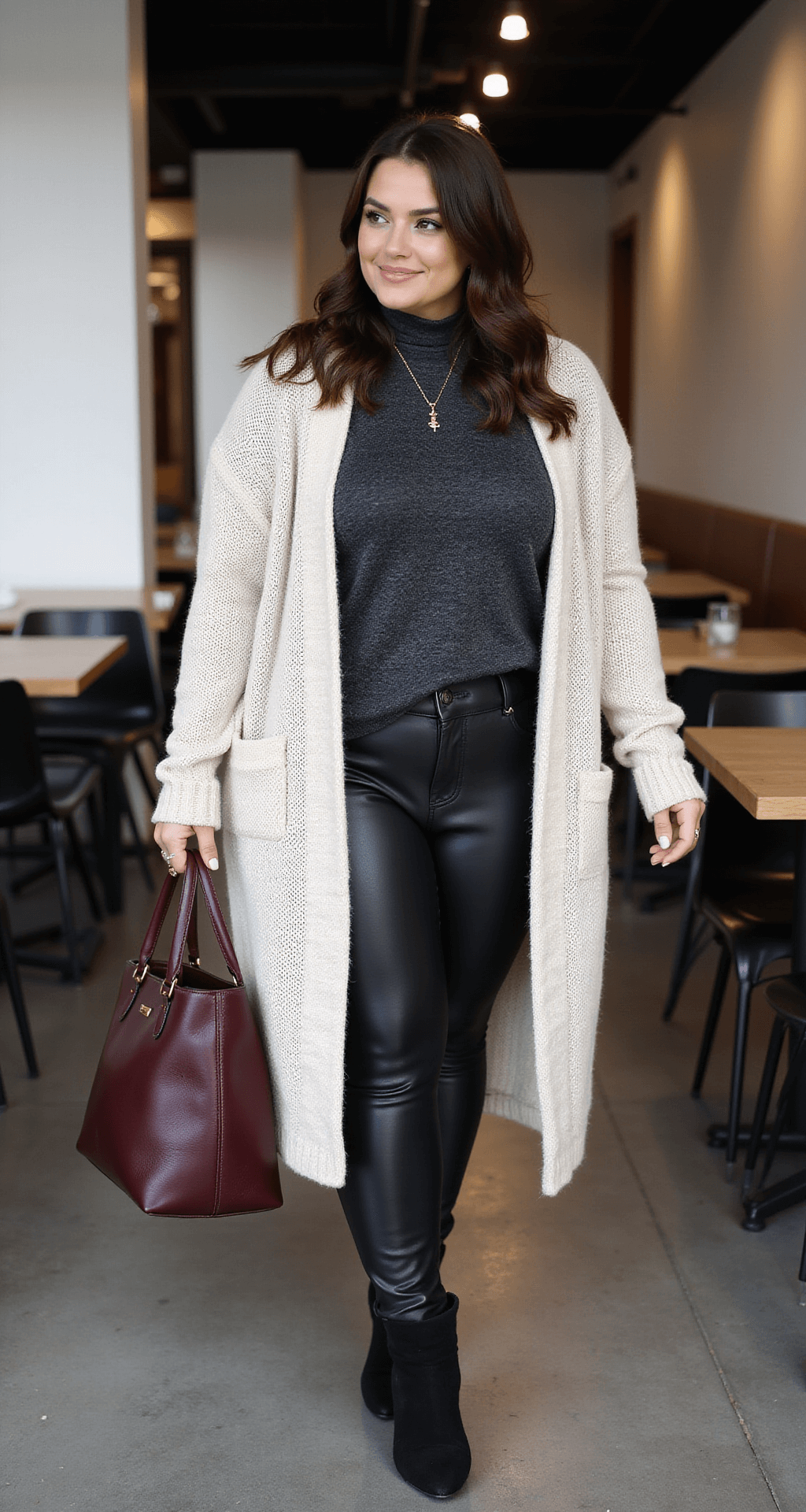 A plus-size model poses in an industrial-chic restaurant during a weekend brunch, wearing black faux-leather leggings, an oversized charcoal turtleneck, and a long cream cardigan. She pairs her outfit with black pointed ankle boots and a deep burgundy leather tote. Her hair is styled in loose waves, accented with minimal gold jewelry, amidst a mix of natural and interior lighting.