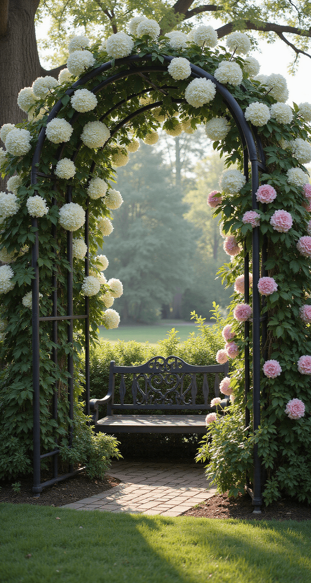 A picturesque secret garden nook featuring an 8-foot antique wrought iron arch trellis adorned with white climbing hydrangea and pink clematis. A vintage bench is nestled underneath the trellis, all bathed in soft, filtered mid-morning light with a subtle fog creating a mysterious ambiance.