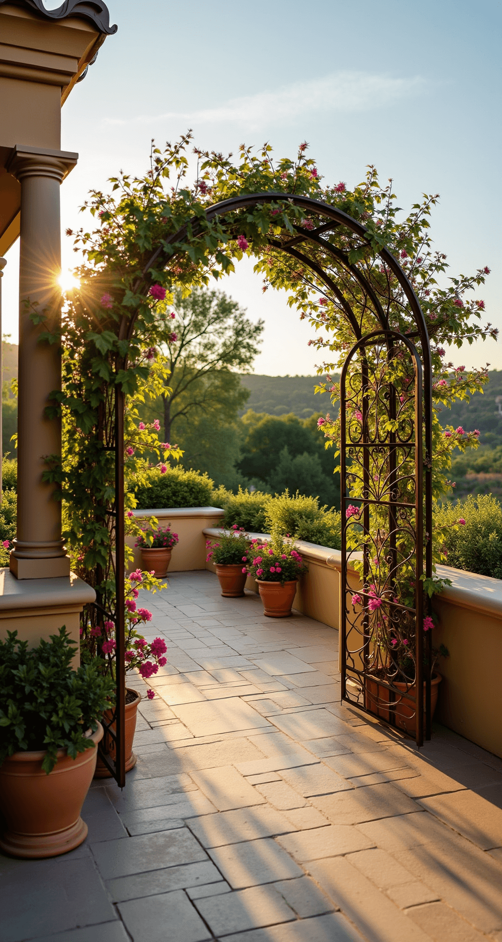 A Mediterranean-inspired terrace featuring a 9-foot copper arch trellis adorned with flowering grape vines and bougainvillea, surrounded by terracotta pots and limestone pavers, captured in the golden hour light from an elevated position, highlighting the textures and warm color palette.
