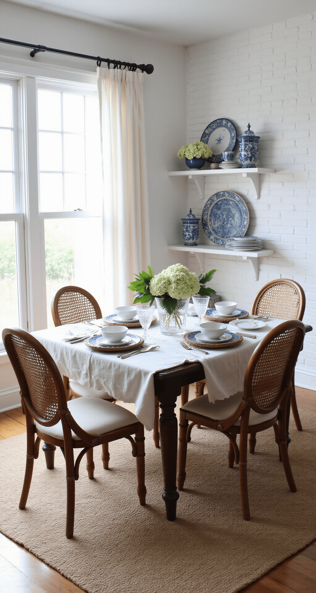 Bright corner vignette of a modern farmhouse dining room with a vintage table and chairs, featuring a white brick wall adorned with blue and white china plates, layered table setting with silver and hydrangeas, and natural light illuminating hardwood floors and jute rug.