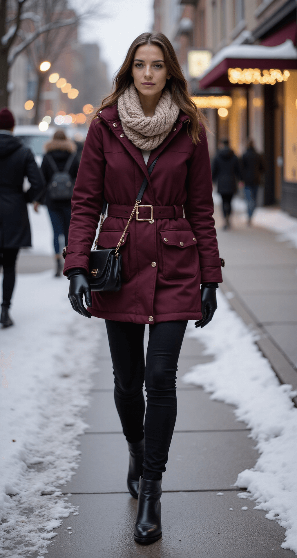 A model walks along a snowy city sidewalk in the early evening, wearing a deep wine statement puffer coat, black straight-leg jeans, and glossy black weatherproof Chelsea boots. She accessorizes with a chunky oatmeal knit infinity scarf, leather gloves, and a sleek crossbody bag, while warm street lamp light creates a cozy atmosphere around her.
