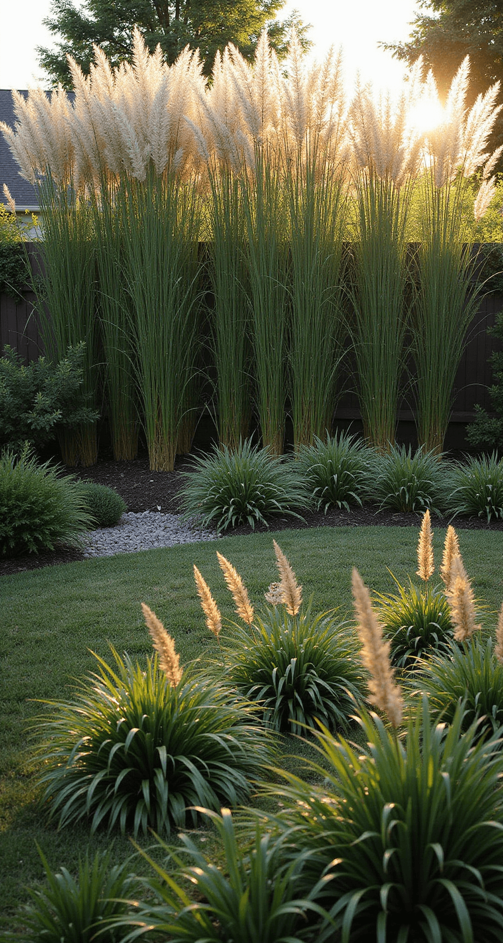 A serene backyard landscape at golden hour featuring a 20-foot privacy screen of towering Miscanthus maiden grass, backlit by warm sunlight, creating a shimmering effect. In the foreground, three layers of shorter ornamental grasses add depth, captured with a shallow depth of field to emphasize movement and texture.