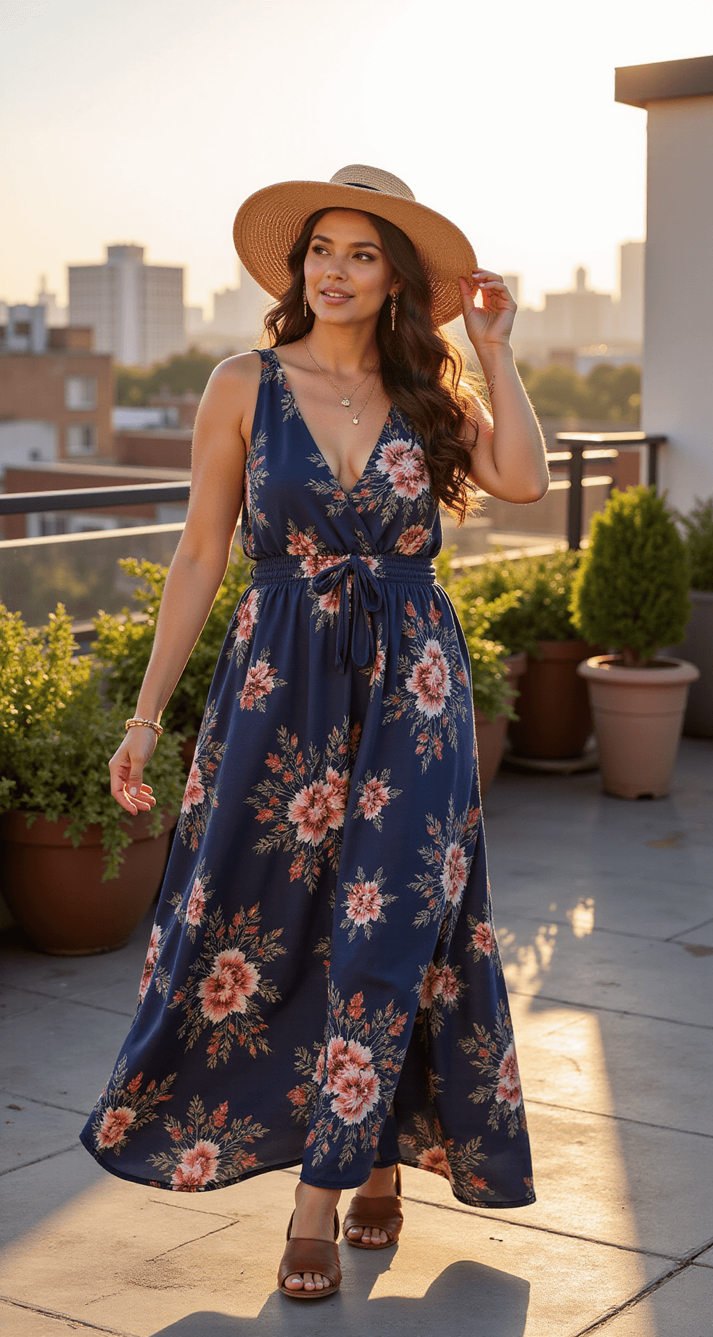 A plus-size model in a navy blue botanical print maxi dress stands on a sun-drenched urban rooftop terrace at golden hour, her dress flowing in the breeze. She has natural makeup, loose waves in her hair, and is adorned with a wide-brimmed straw hat and delicate gold jewelry, with comfortable leather sandals. The city skyline is softly blurred in the background.