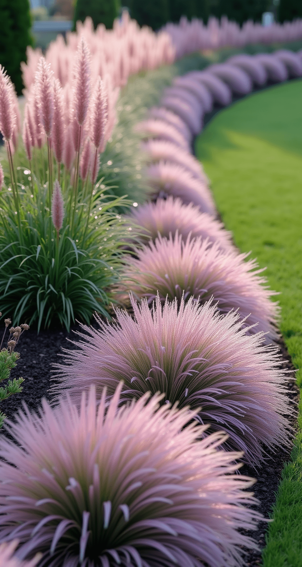 A curved garden border at 10am features blooming Muhly grass in pink-lavender hues, with mixed heights of grasses and dark green perennials. Morning dew glistens on the blades, while side lighting emphasizes texture and movement.