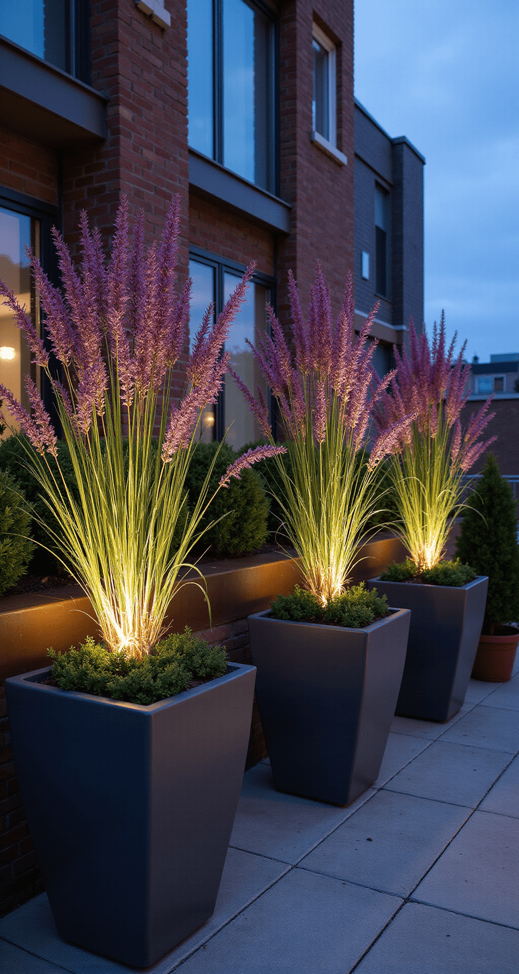 Dramatic twilight urban terrace with large charcoal planters featuring fountain grass with purple plumes, illuminated by warm landscape lighting, and accented with copper and brass, captured from above with a long exposure to show movement in the evening breeze.