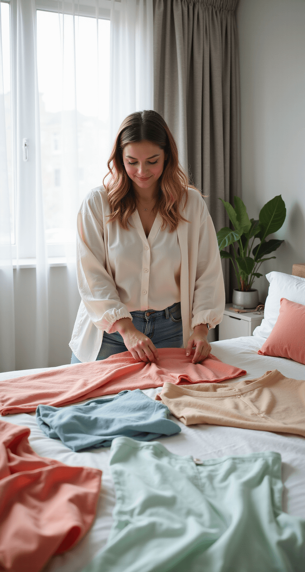 Plus-size woman organizing a summer wardrobe on a bed in a modern minimalist bedroom, with morning light filtering through sheer curtains. The clothes include pastel flowy blouses, sleeveless tops, and light cardigans, all arranged to highlight their texture, against a backdrop of neutral decor accented with coral and mint green accessories.