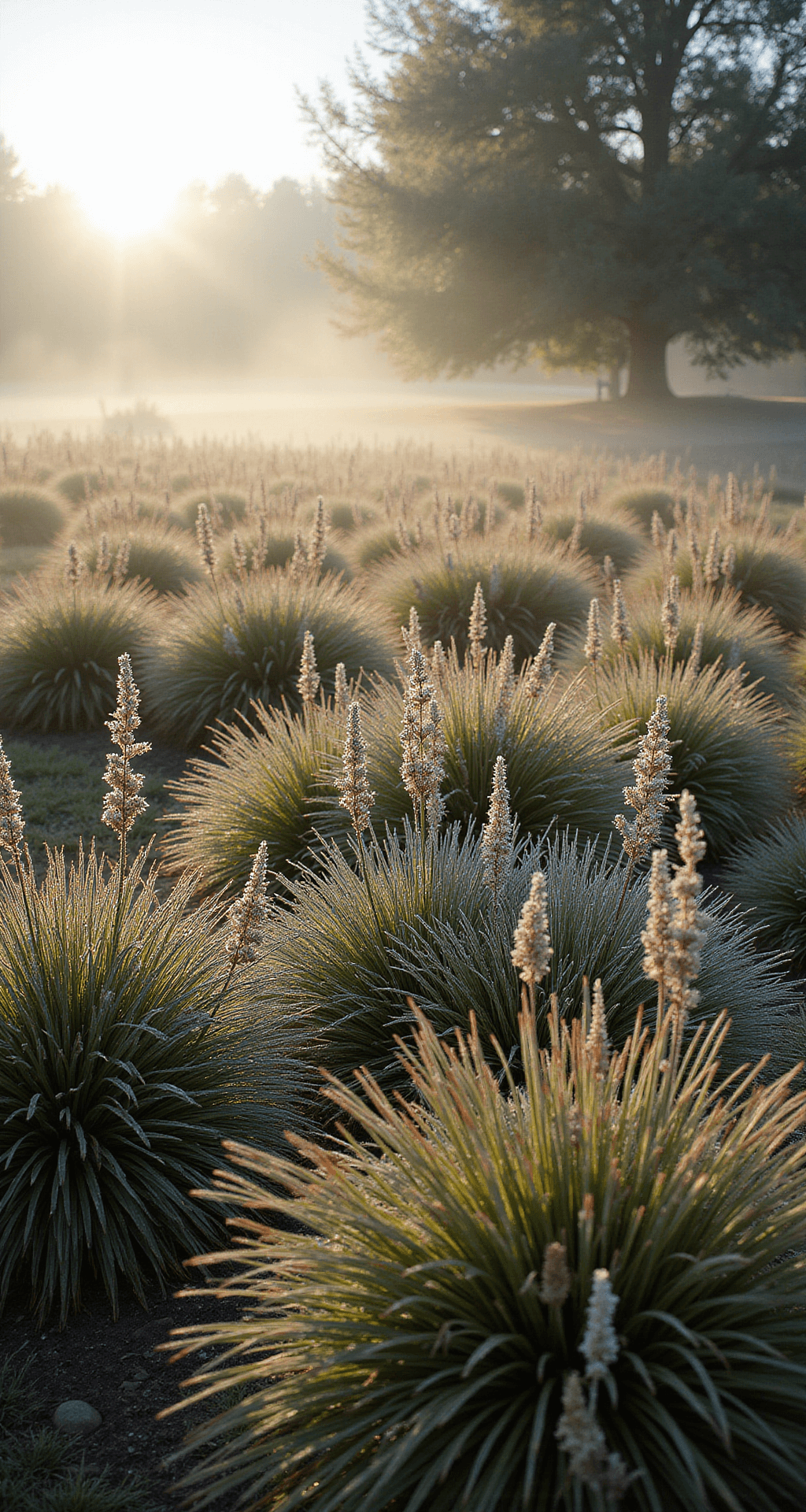A side view of a naturalistic garden bed illuminated by morning sun, featuring odd-numbered groupings of native grasses in a meadow-like setting. Frost-covered seed heads glisten in the foreground, and a subtle morning mist adds atmosphere, all captured with a wide-angle lens.