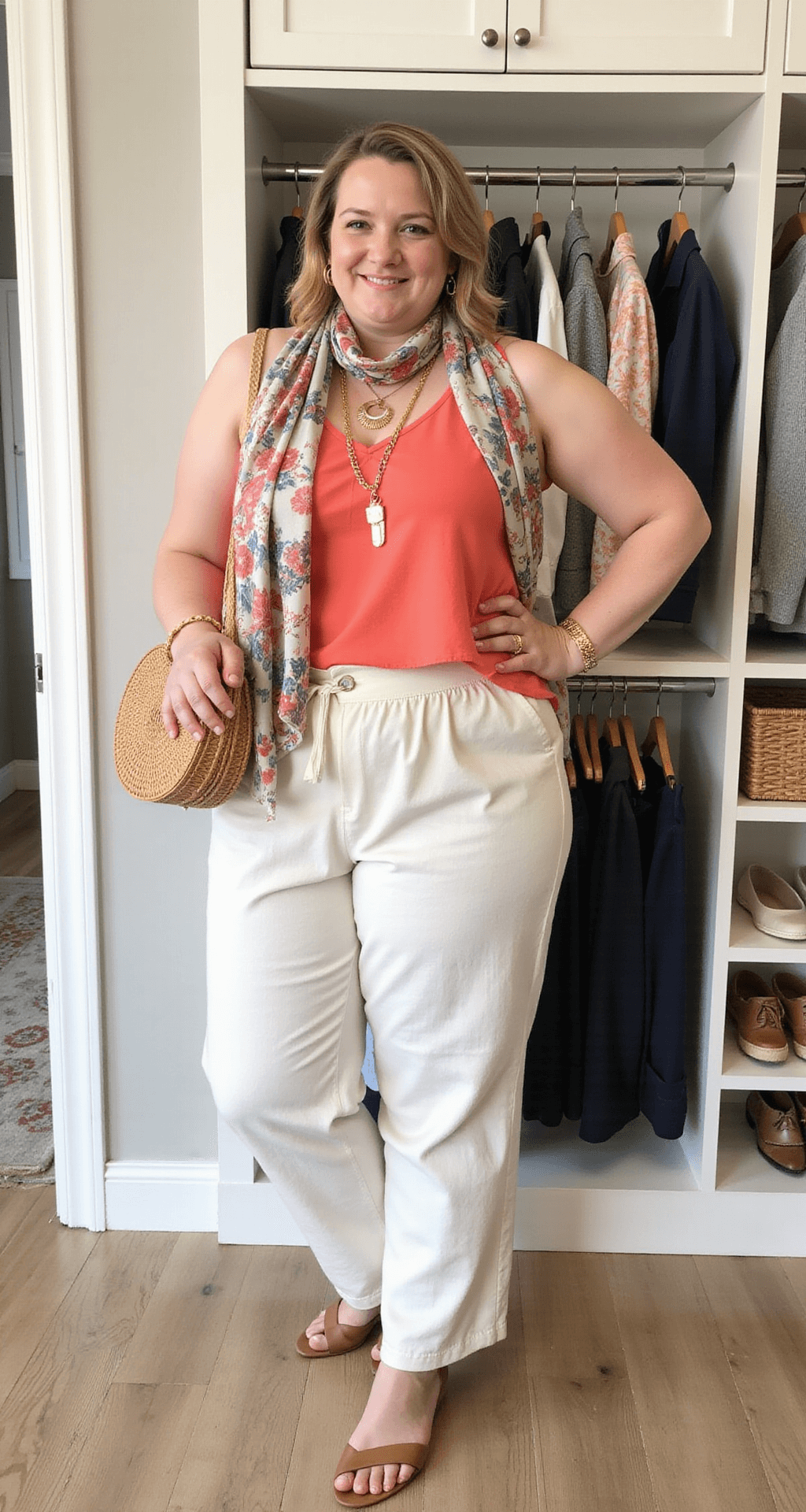 Flat lay of a contemporary walk-in closet featuring a plus-size summer outfit combination of wide-leg cream linen pants, a coral tank top, and a patterned silk scarf, with accessories including a woven handbag, tortoise shell sunglasses, and layered gold necklaces, all well-lit.