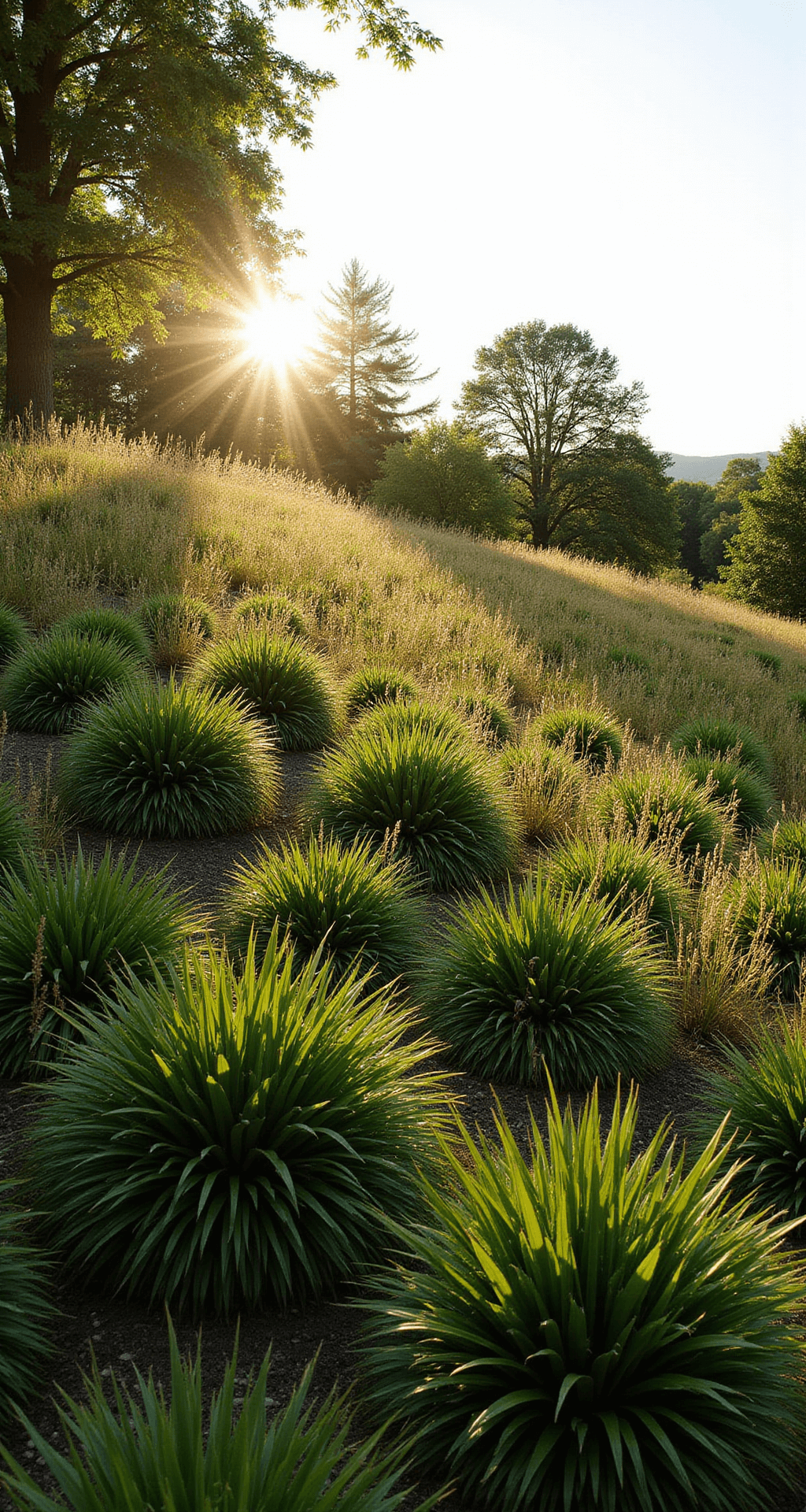 Afternoon garden scene on a sloped landscape with rhythmic plantings of fountain grass, highlighted by golden seed heads against deep green foliage. The sun illuminates the scene from behind the camera, captured from the bottom of the slope to emphasize the terrain.