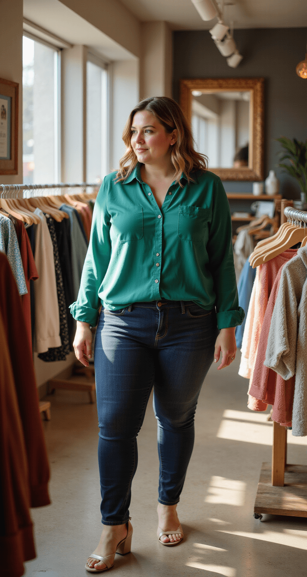 Interior of a sunlit plus-size boutique showcasing racks of summer clothing, with a model in dark wash high-waisted jeans and an emerald green blouse browsing. Warm wood fixtures and mirrors enhance the inviting atmosphere, highlighting a variety of size-inclusive options in natural light.
