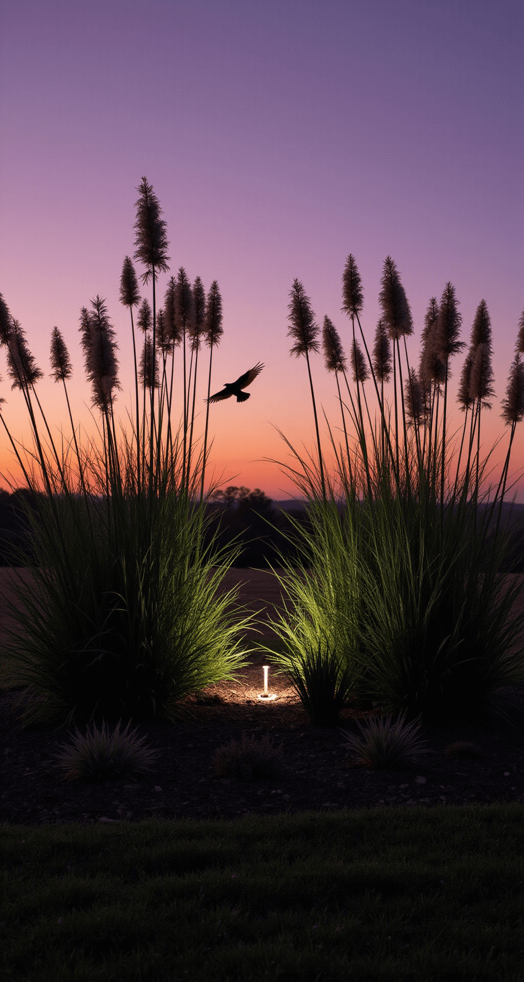 Twilight wildlife habitat featuring ornamental grasses in varied heights, with silhouetted birds feeding on seed heads against a purple-orange sky, enhanced by subtle landscape lighting. Long exposure captures the birds' movement while keeping the grass details sharp.